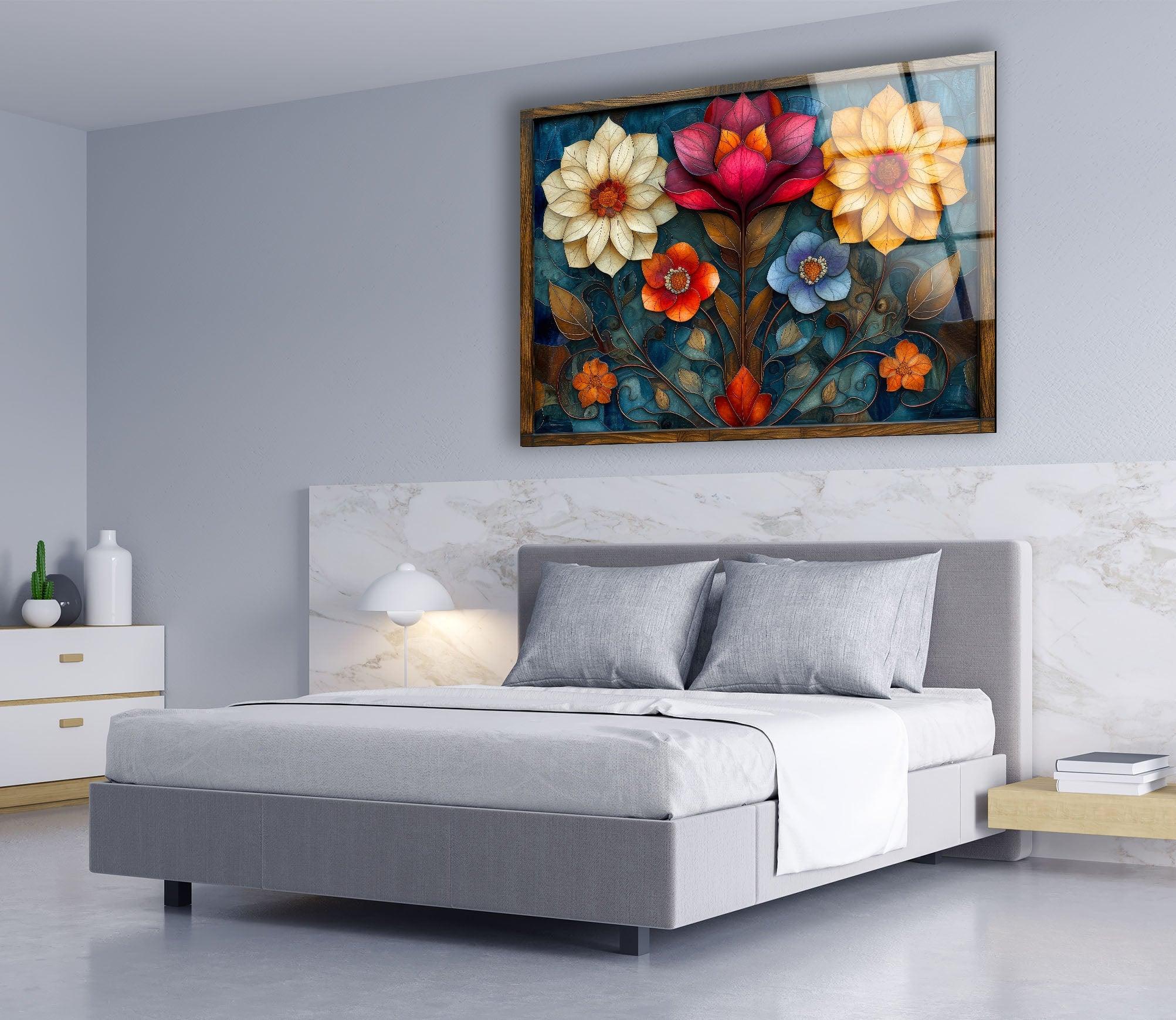 Art Nouveau Flowers Glass Wall Art - Handmade Stained Glass Decor for Home & Office - Perfect for Living Room, Bedroom, or Gift