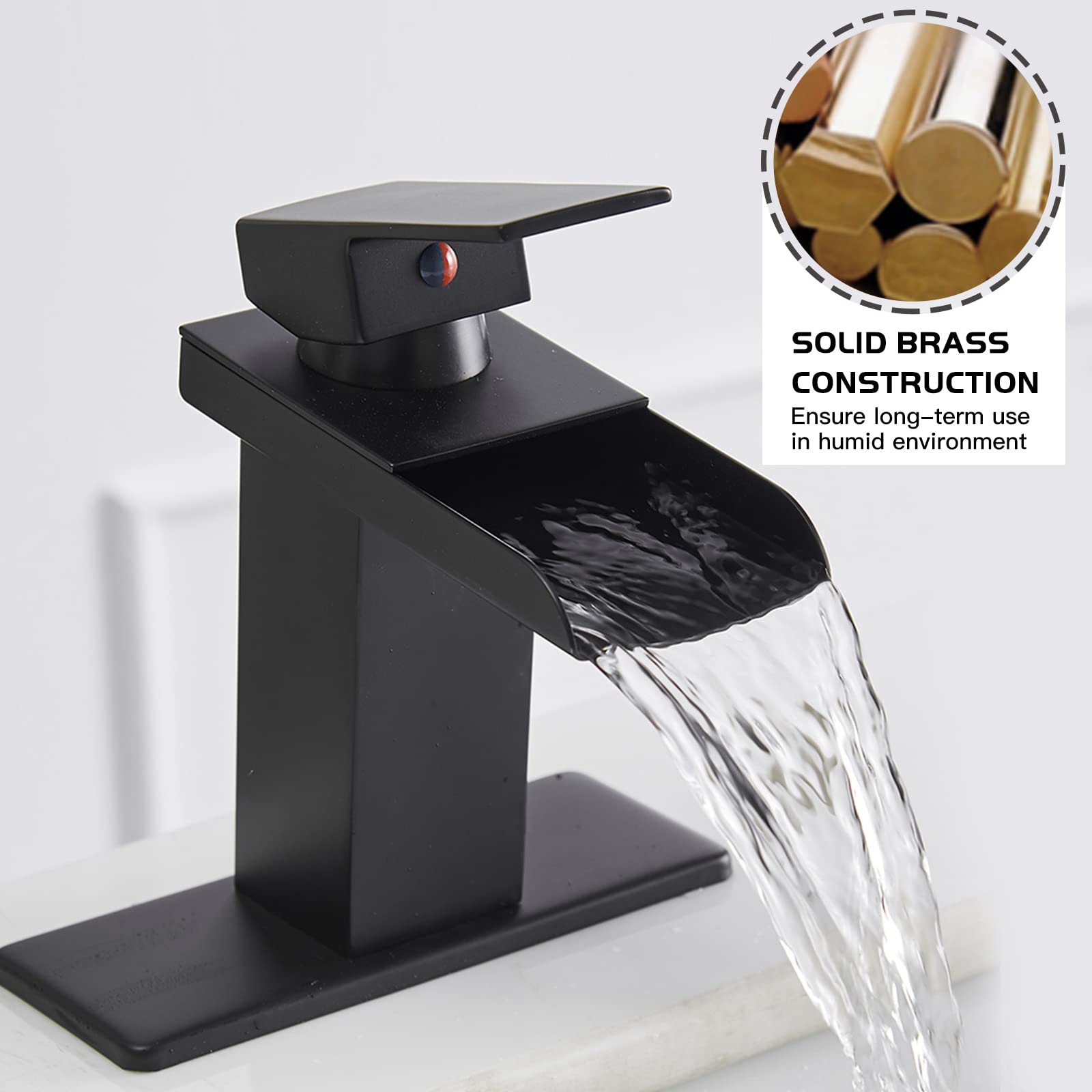 Modern Black Waterfall Bathroom Faucet - Single Hole Vanity Sink Faucet with Pop-Up Drain & Deck Plate - Matte Finish Single Handle Lavatory Mixer Tap for Bathroom, RV & Commercial Use - Sleek Design for Modern Home Decor