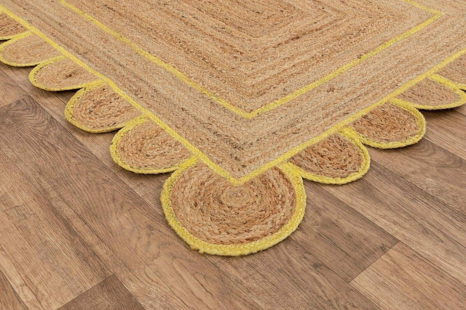 Natural Jute Area Rug with Beige & Yellow Scallop Border - 3x6 Feet Rectangular Rug for Living Room, Bedroom & Home Decor - Eco-Friendly & Stylish Floor Mat for Boho, Farmhouse & Coastal Interiors