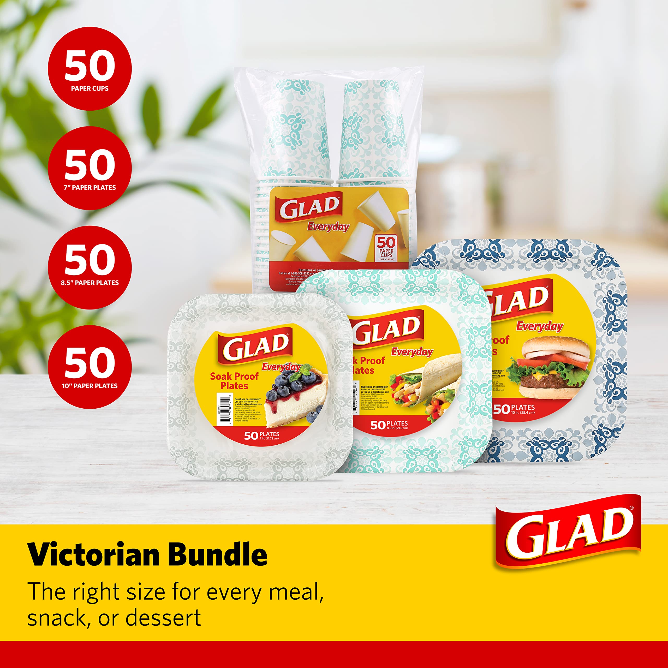 Glad Printed Disposable Paper Plates and Cups Set - 50 Count Heavy Duty Square Plates & Victorian Design Cups for Parties, Picnics, BBQs, and Events | Eco-Friendly Disposable Tableware