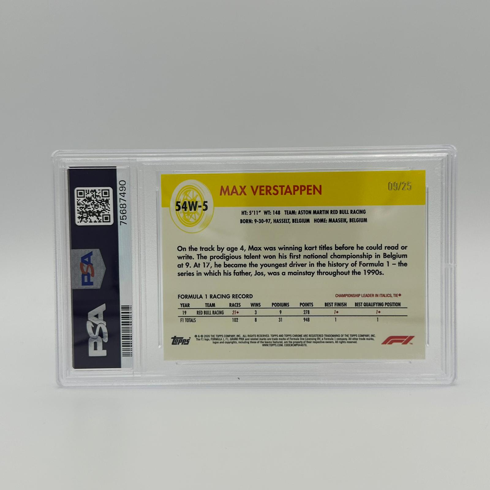 PSA 8 Graded 2009 Max Verstappen World On Wheels #54W Orange Refractor - Rare Racing Collectible for Display & Investment