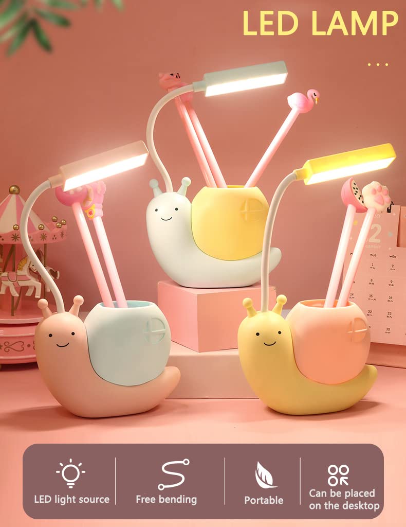 Snail-Shaped LED Desk Lamp for Kids - Cute USB Charging Eye Protection Study Lamp with 360° Adjustable Neck & Pen Holder | Perfect for Homework, Reading, and Night Light in Children's Bedroom (Blue)