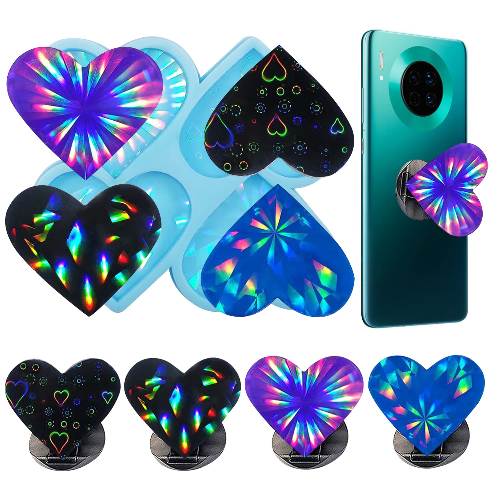 Holographic Phone Grip Resin Molds - Epoxy Resin Silicone Heart-Shaped Phone Socket Molds for DIY Crafts, Phone Stands & Jewelry Making (Perfect for Gifts, Phone Accessories & Art Projects)