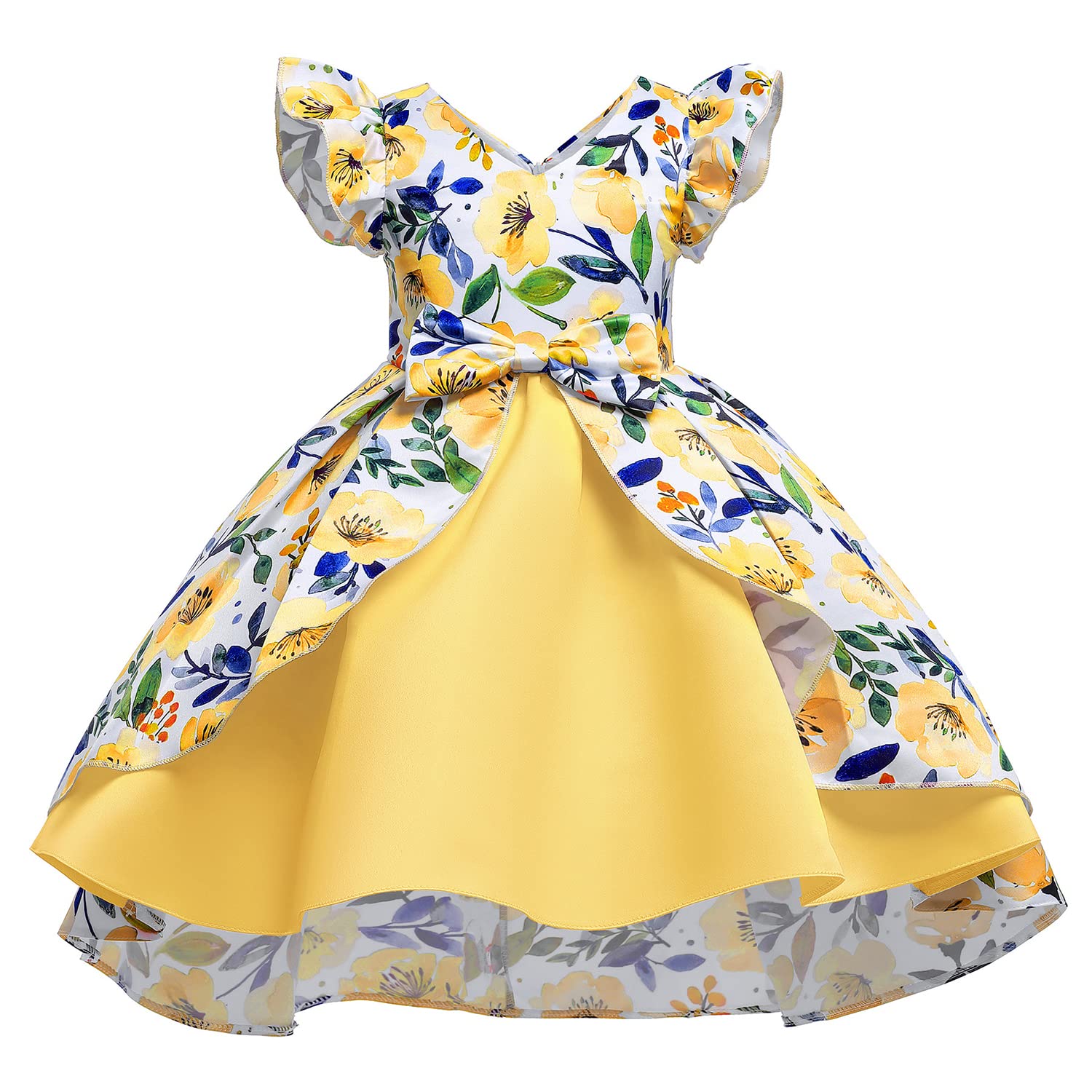 Floral Print Girls Princess Dress with Flying Sleeves & Bow Knot - V Neck Summer Dress for Toddler & Kids - Perfect for Birthday Parties, Photo Shoots & Special Occasions