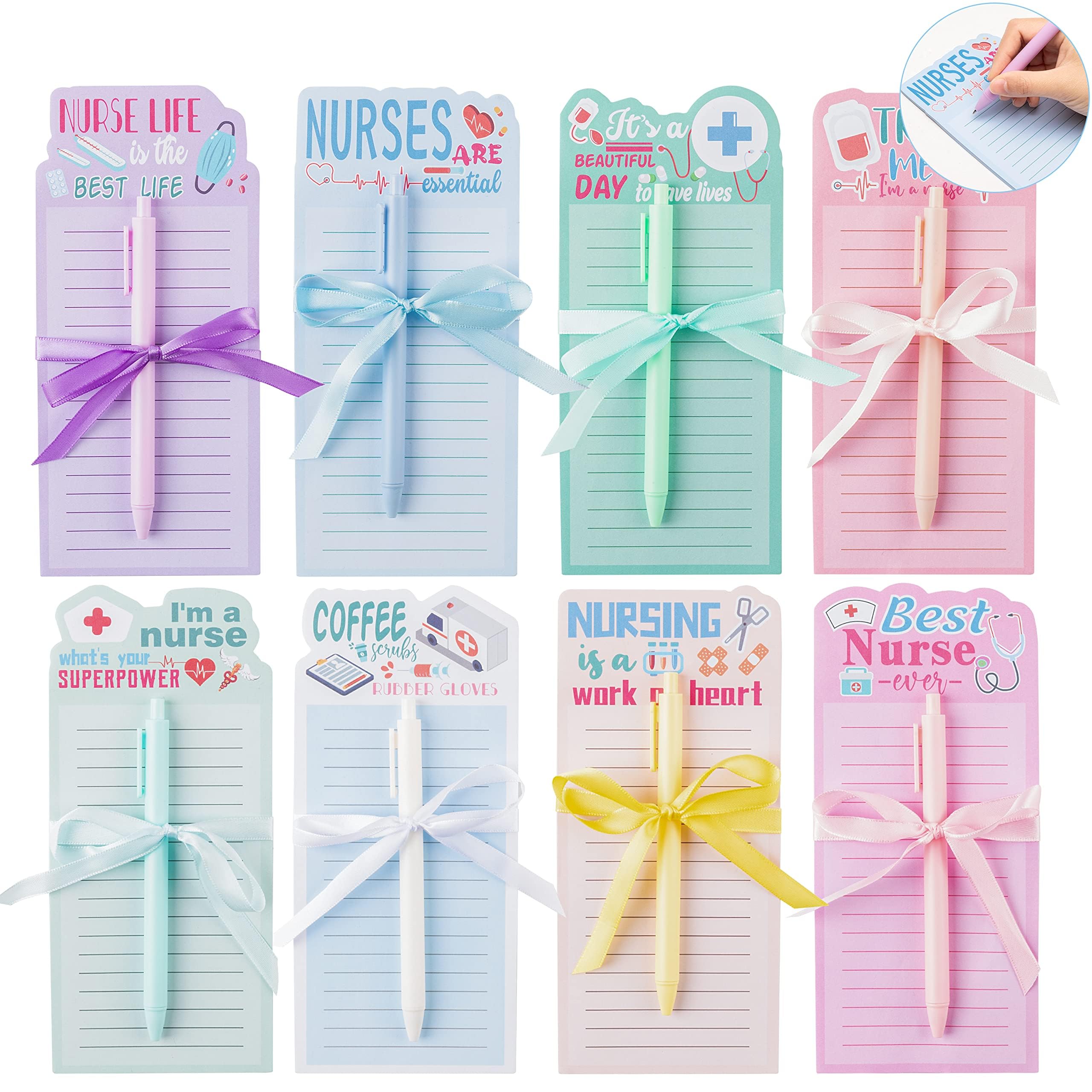 ANGOLIO 8 Sets Funny Nurse Notepads with Pens - Inspirational Medical Sticky Memo Pads for Nurses Appreciation Week, Nursing Graduation Gifts, Office & School Supplies - Perfect for Thank You Notes, Medical Reminders & Party Favors