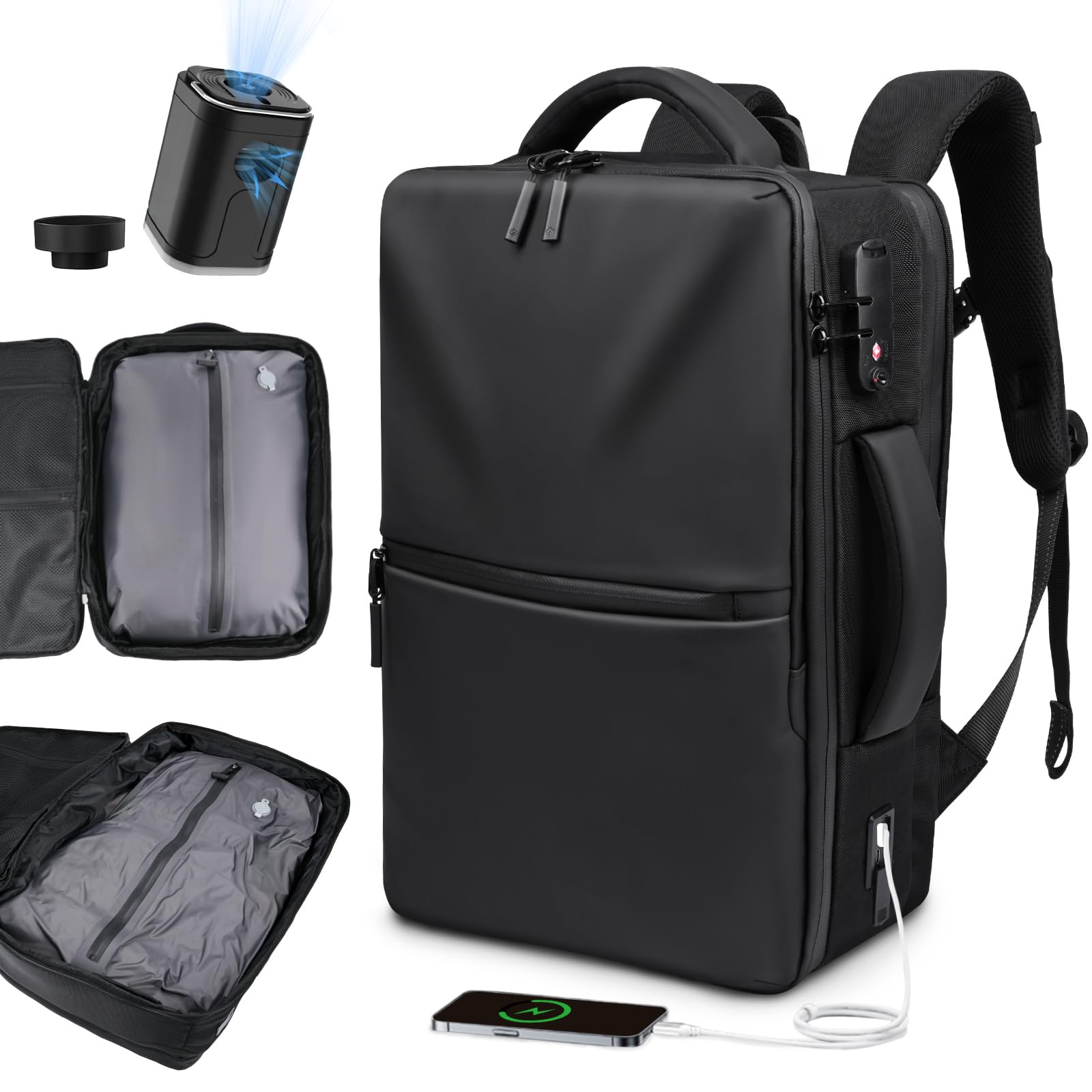 Zurligi 70L Expandable Travel Backpack with Vacuum Compression System & Air Pump - Waterproof Hiking Backpack with USB Charging Port, TSA Lock for Laptop - Perfect for Business Trips, College, Camping & Weekend Getaways