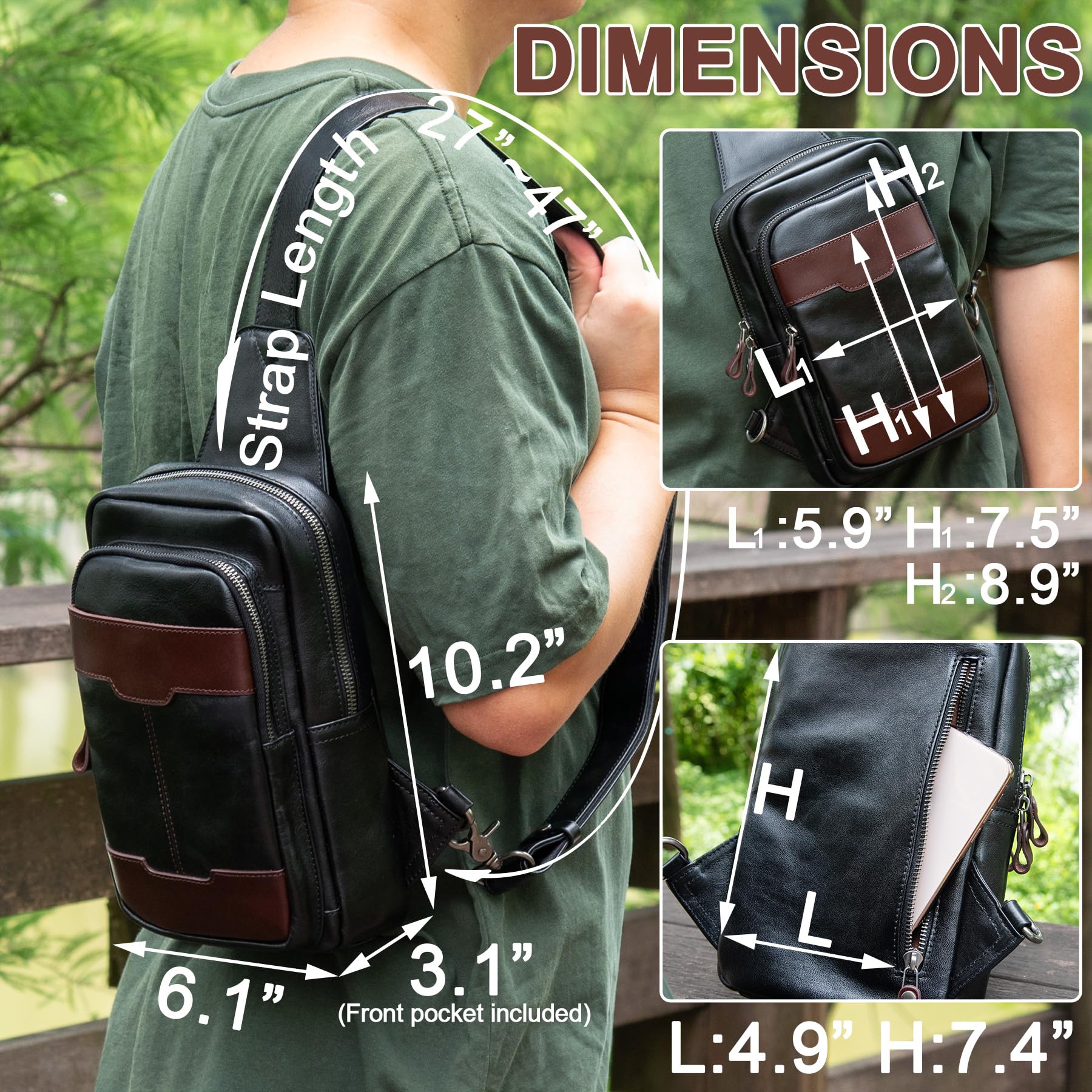 Genuine Leather Crossbody Sling Bag for Men & Women - Adjustable Shoulder Strap, Lightweight Chest Purse for Travel, Hiking & Daily Use