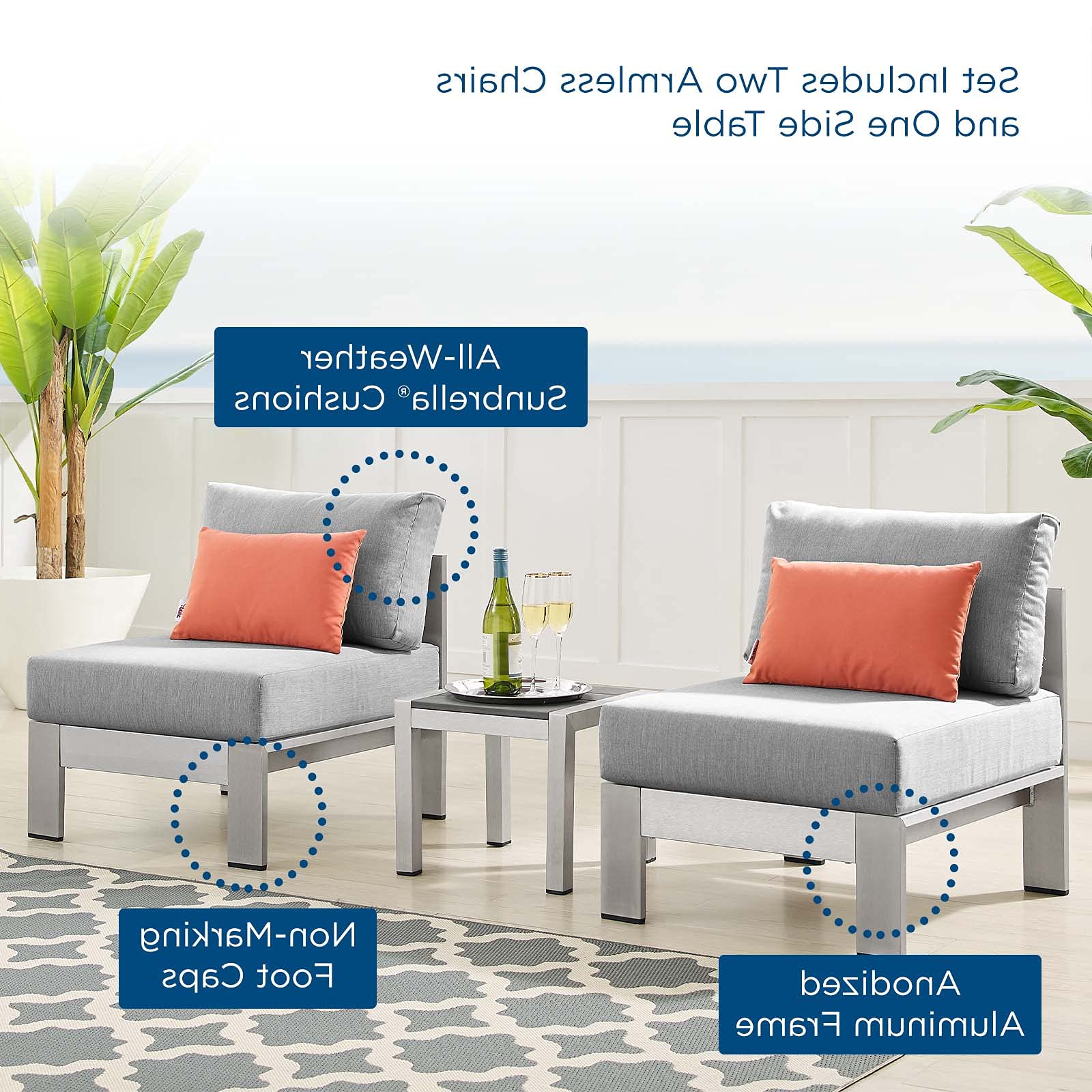 Modern Outdoor Patio Lounge Chair & Table Set - Silver Grey Fabric & Aluminum Furniture for Garden, Cafe, Poolside Relaxation