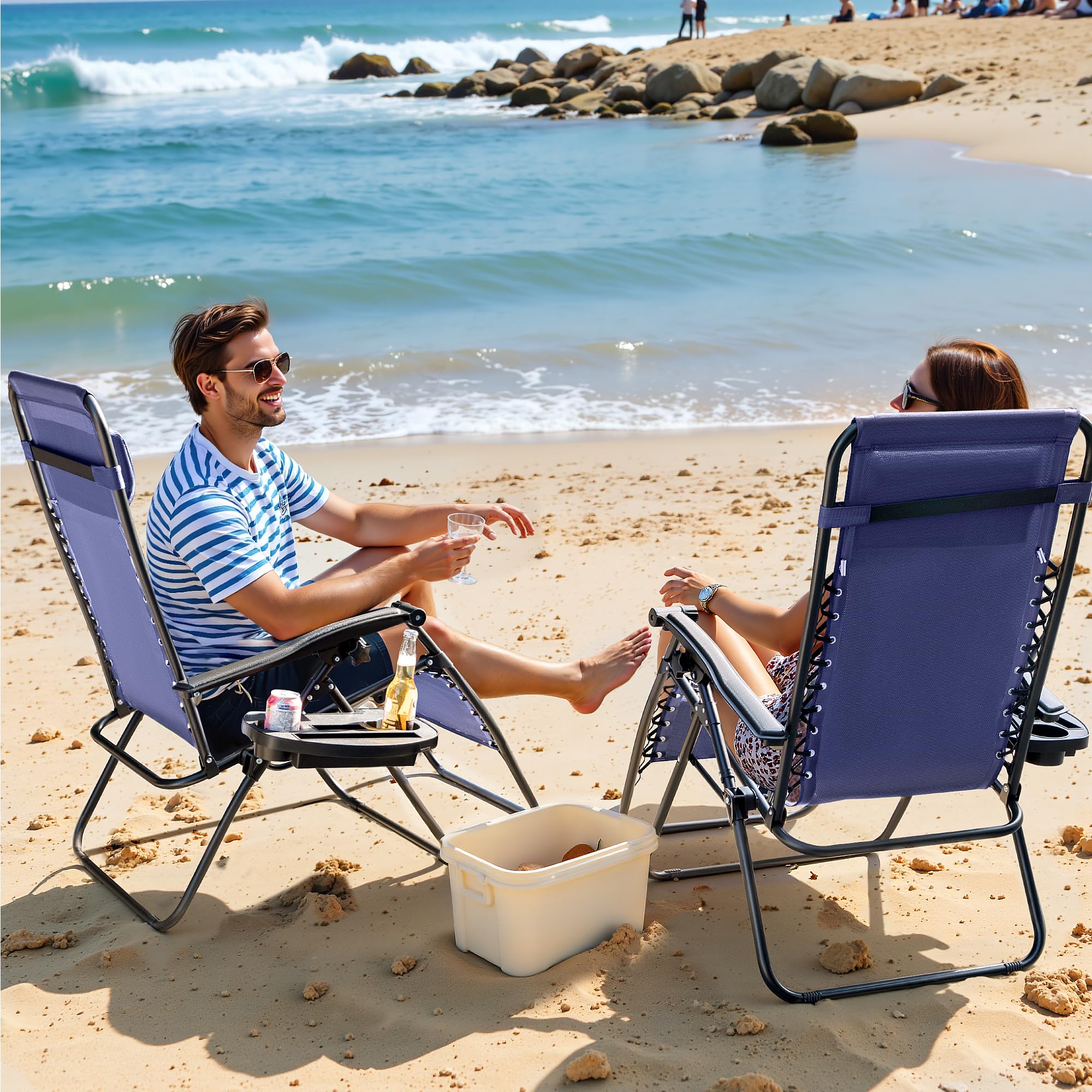 Greesum Zero Gravity Lounge Chairs Set of 2 - Adjustable Steel Mesh Recliners for Outdoor Relaxation, Beach, Deck, Lawn, Camping & Patio - Foldable with Cup Holder, Side Trays & Pillows - Blue - Perfect for Backyard Lounging, Poolside Relaxation and Outdoor Adventures