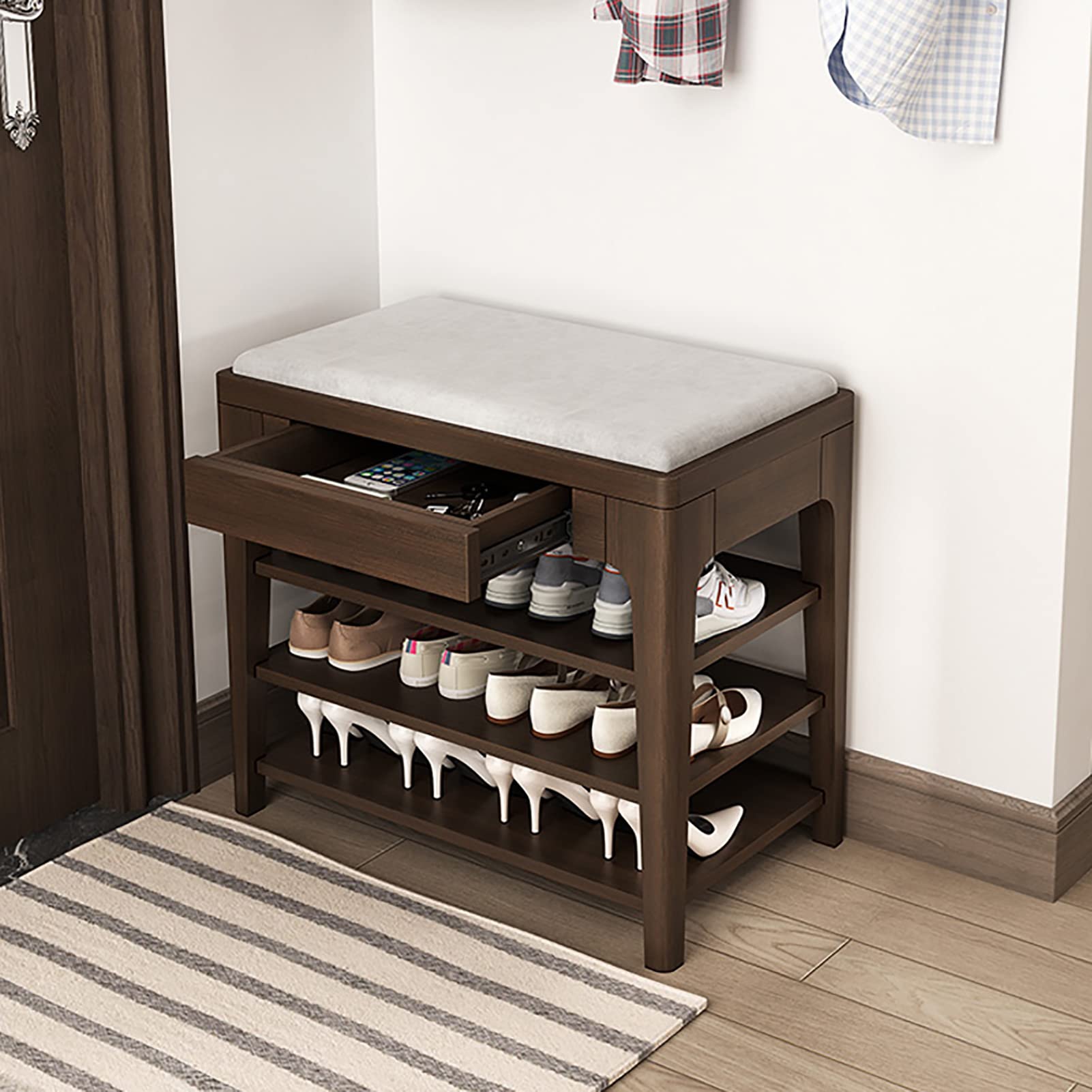 Solid Wood Entryway Shoe Bench with Storage Drawer - Upholstered Cotton Linen Cushion, 3-Tier Shoe Organizer (60x35x53.5cm, Dark Walnut) - Perfect for Hallway, Mudroom & Small Space Organization