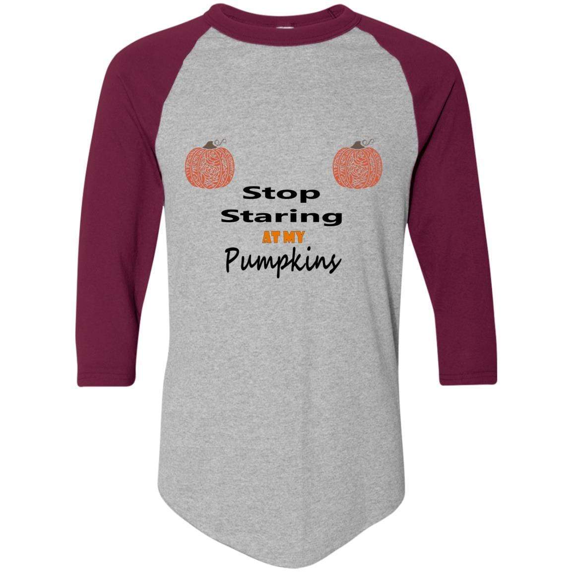 WineyBitches.Co Stop Staring At My Pumpkins Colorblock Raglan Jersey - Trendy Women's Fall Sweatshirt for Halloween, Thanksgiving & Cozy Seasonal Outfits