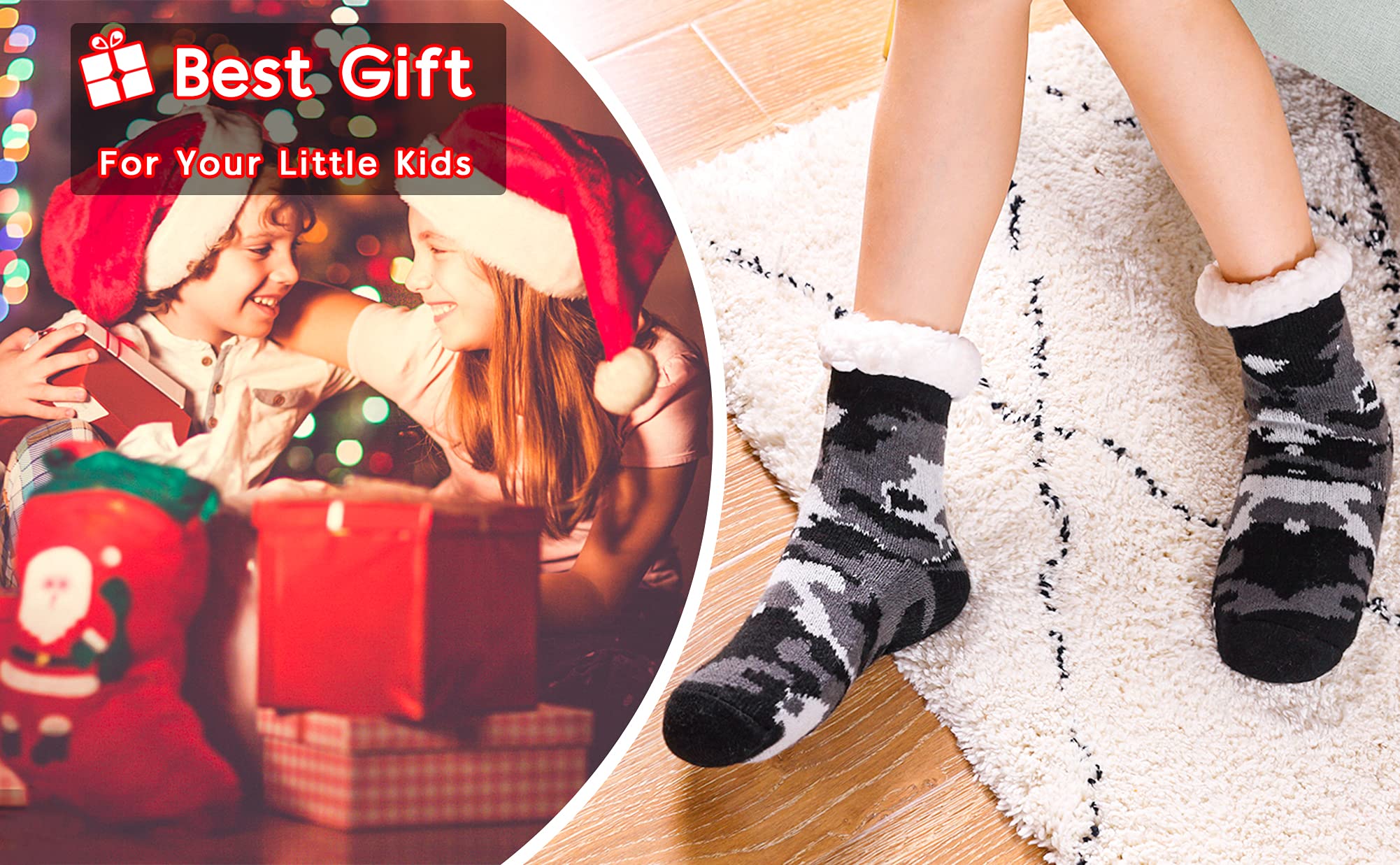 Soft Warm Fleece-Lined Fuzzy Slipper Socks for Kids & Toddlers - Boys Girls Winter Home Socks with Non-Slip Grip | Cozy Christmas Stockings for Indoor Comfort & Playtime