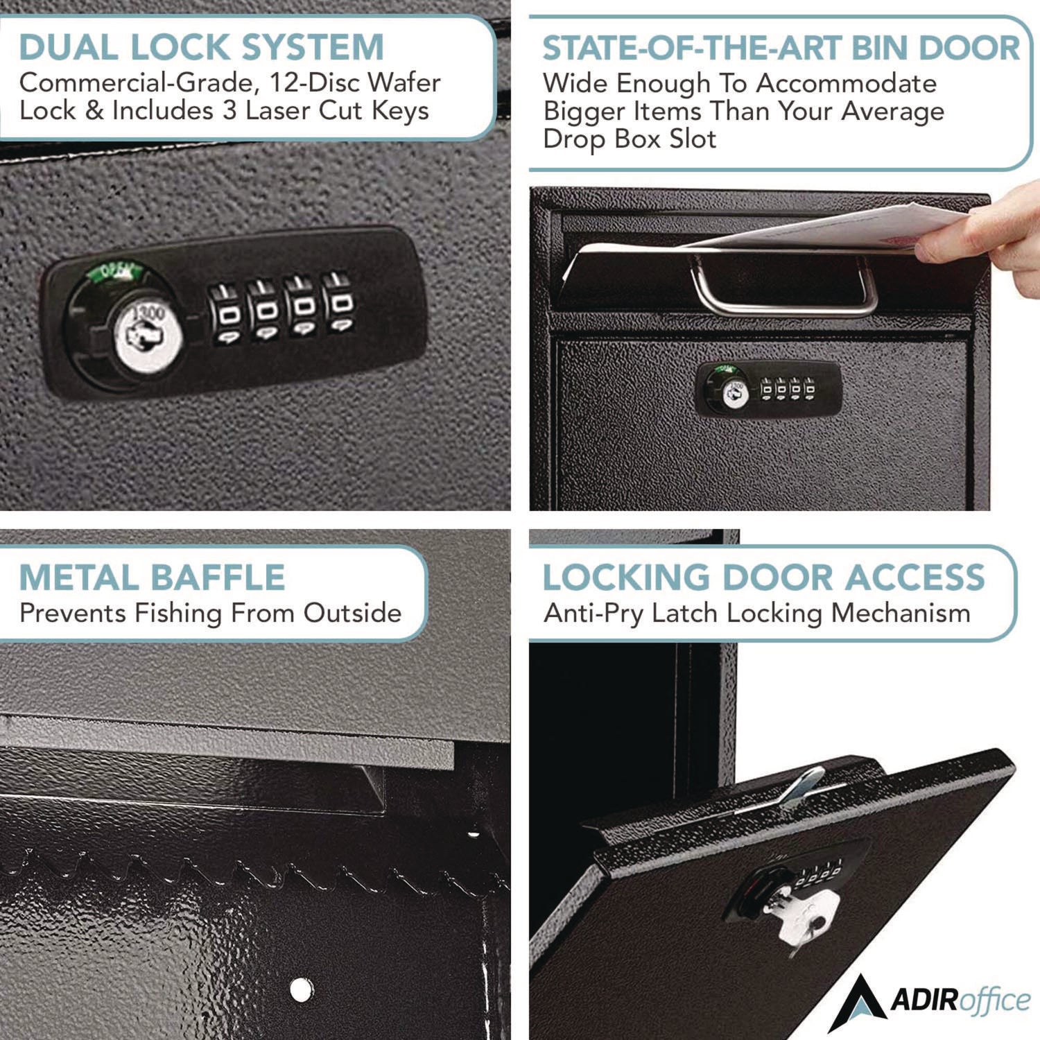 AdirOffice Medium Secure Drop Box - Wall Mounted Locking Mailbox with Key & Combination Lock (10.51 x 4.72 x 12 Inches, Black) - Perfect for Home, Office & Apartment Mail Security
