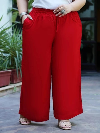 Plus Size Red Rayon Wide Leg Palazzo Pants for Women - Comfortable High Waisted Flowy Lounge Pants for Casual Wear, Yoga, and Travel