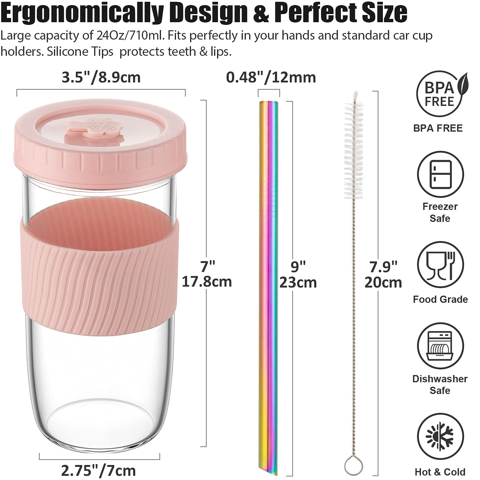 Reusable 24Oz Glass Mason Jars with Lids & Straws - 4 Pack Wide Mouth Smoothie Cups, Bubble Tea Glasses with Silicone Sleeves | Leakproof Travel Tumbler for Drinks, Water Bottle | Perfect for Iced Coffee, Juice, Milkshakes & Large Pearl Boba at Home, Office or On-the-Go