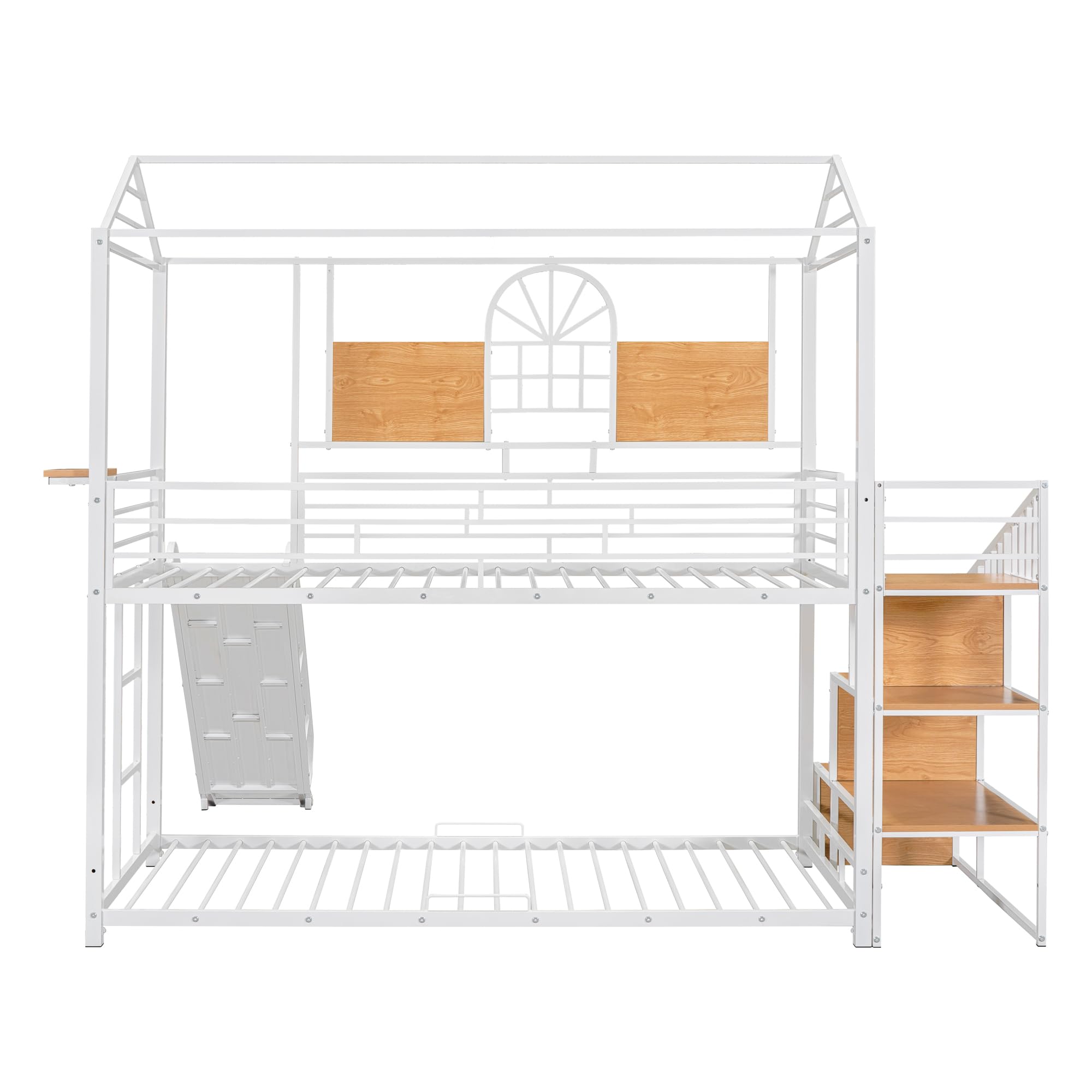 Twin Over Twin Low Bunk Bed with Slide & Stairs - Sturdy Metal Frame Kids Bunk Bed with Storage Shelves for Boys, Girls & Teens - Perfect for Small Bedrooms, Shared Kids Rooms & Sleepovers - White