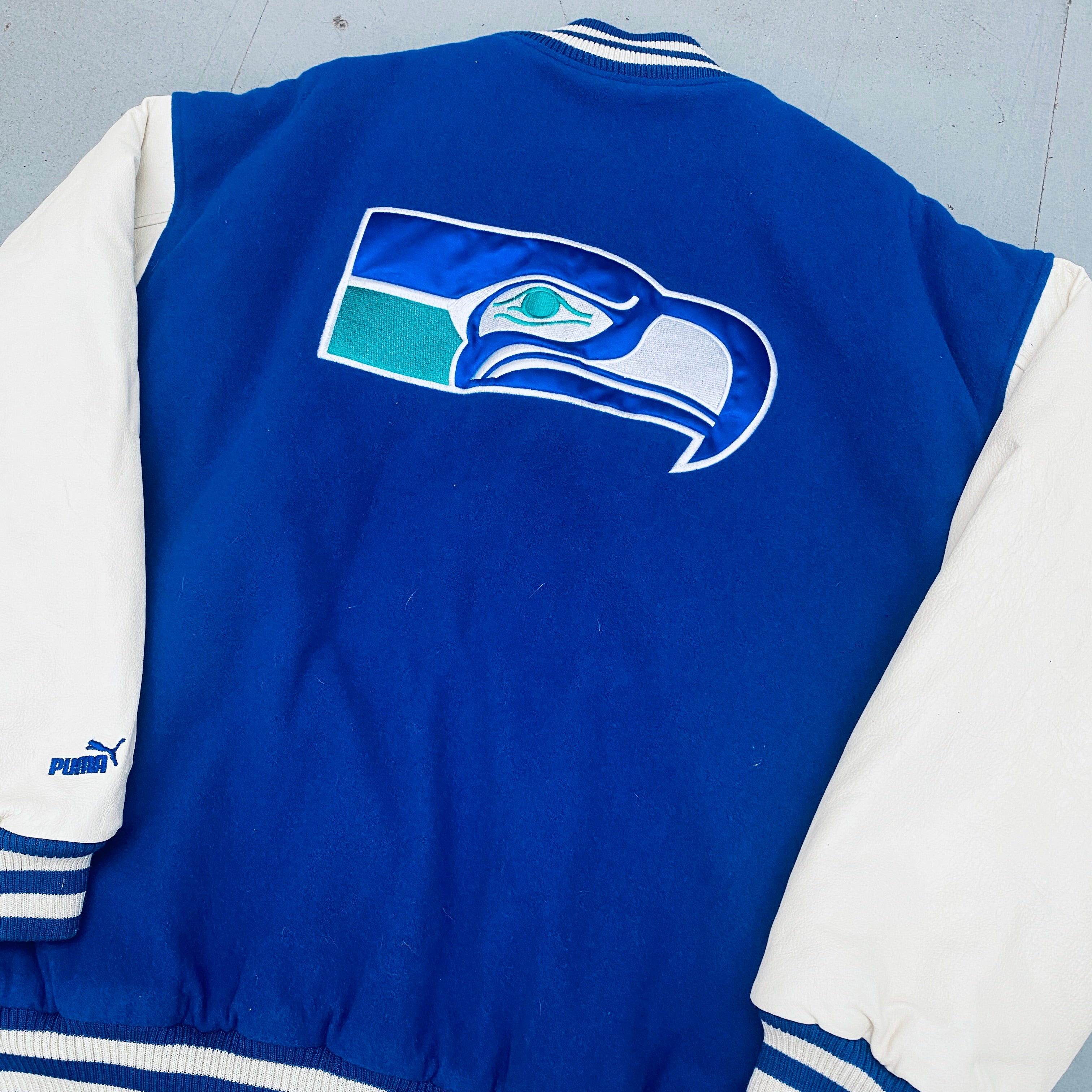 Seattle Seahawks 1990s Vintage Puma Leather Sleeve Wool Varsity Jacket XL - Retro Football Fan Gear for Game Day & Casual Wear