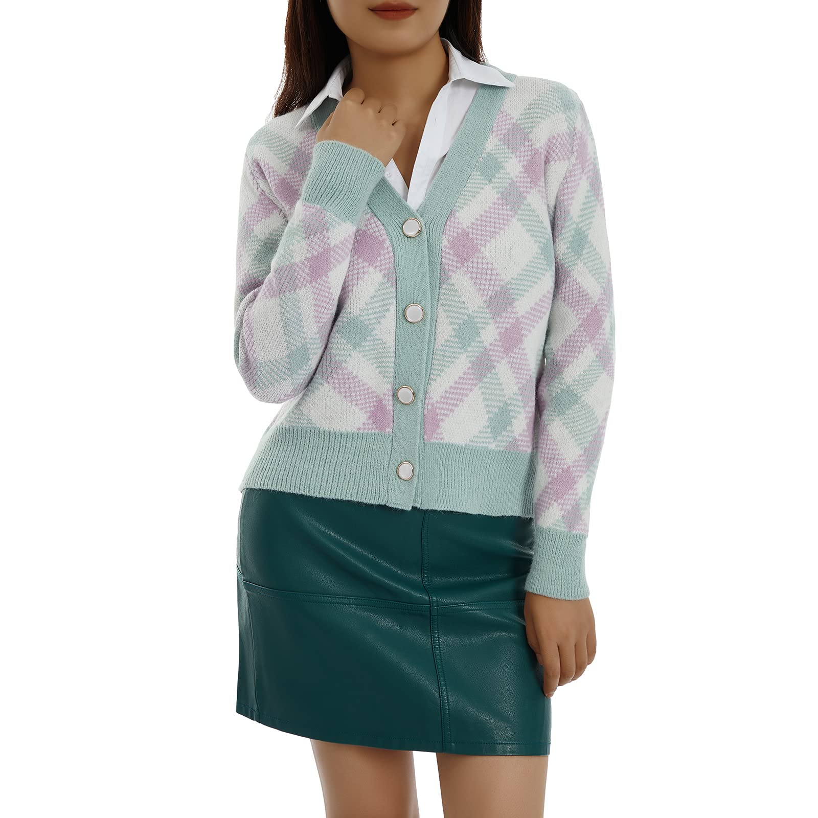 Y2K Vintage Plaid Knit Cardigan for Women - Long Sleeve V-Neck Cropped Open Front Button Down Sweater Coat | Perfect for Fall Layering, Office Wear & Casual Outfits