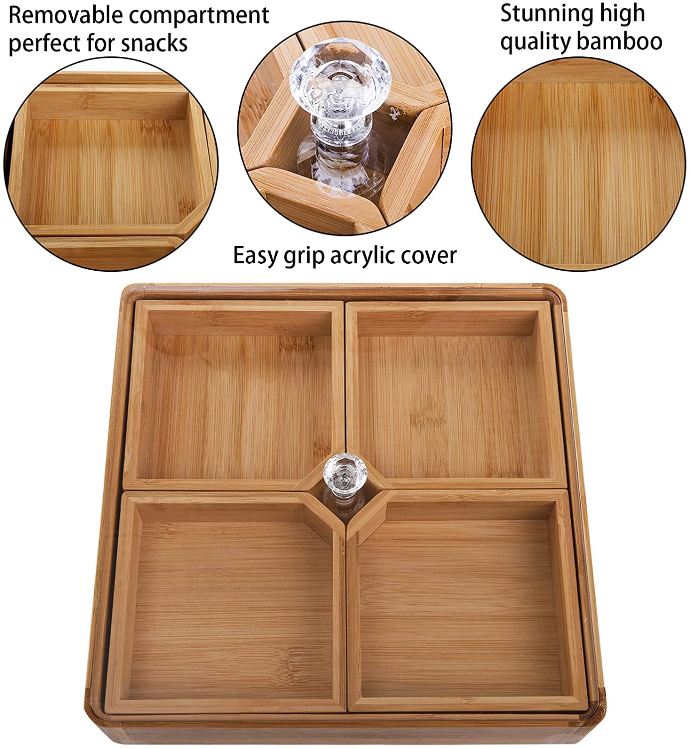 WUWEOT Bamboo Serving Tray with Acrylic Lid & Removable Dividers - Perfect for Nuts, Candy, Veggies, Appetizers, Taco Dips & Chips - Ideal for Parties, Entertaining & Home Use