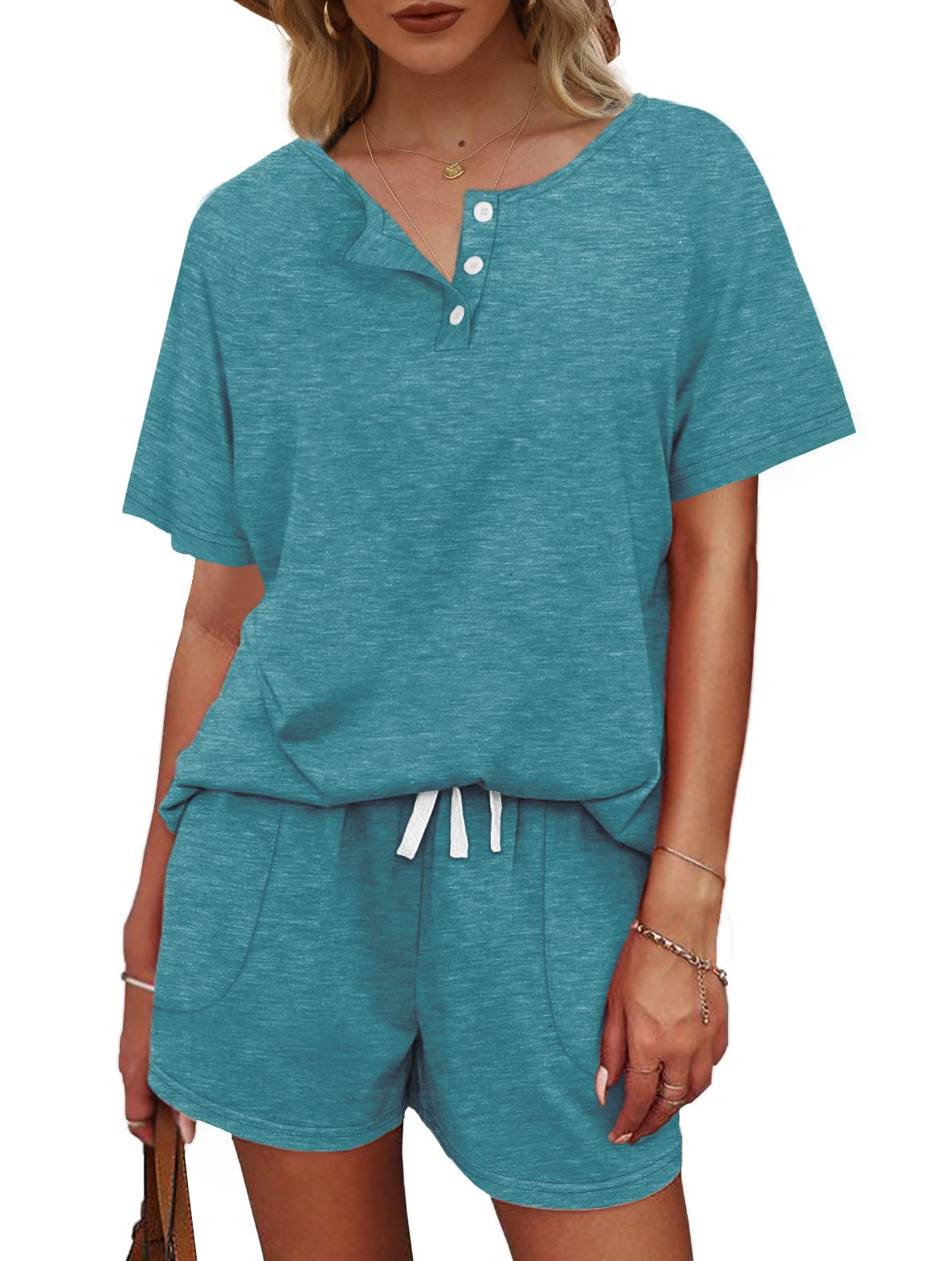 WIHOLL Women's 2-Piece Lounge Set - Button Down Top & Shorts with Pockets | Comfortable Outfits for Home, Travel & Casual Wear
