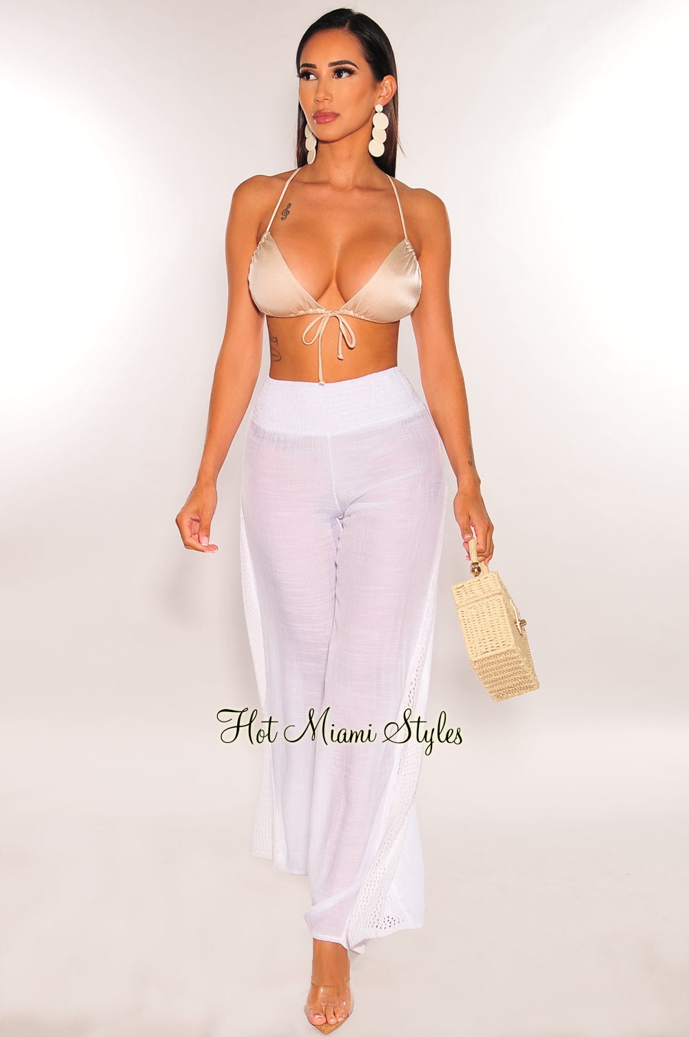 White Linen Crochet Cover Up Pants - Women's Boho Beach Pants for Summer Vacation, Poolside Lounging & Yoga
