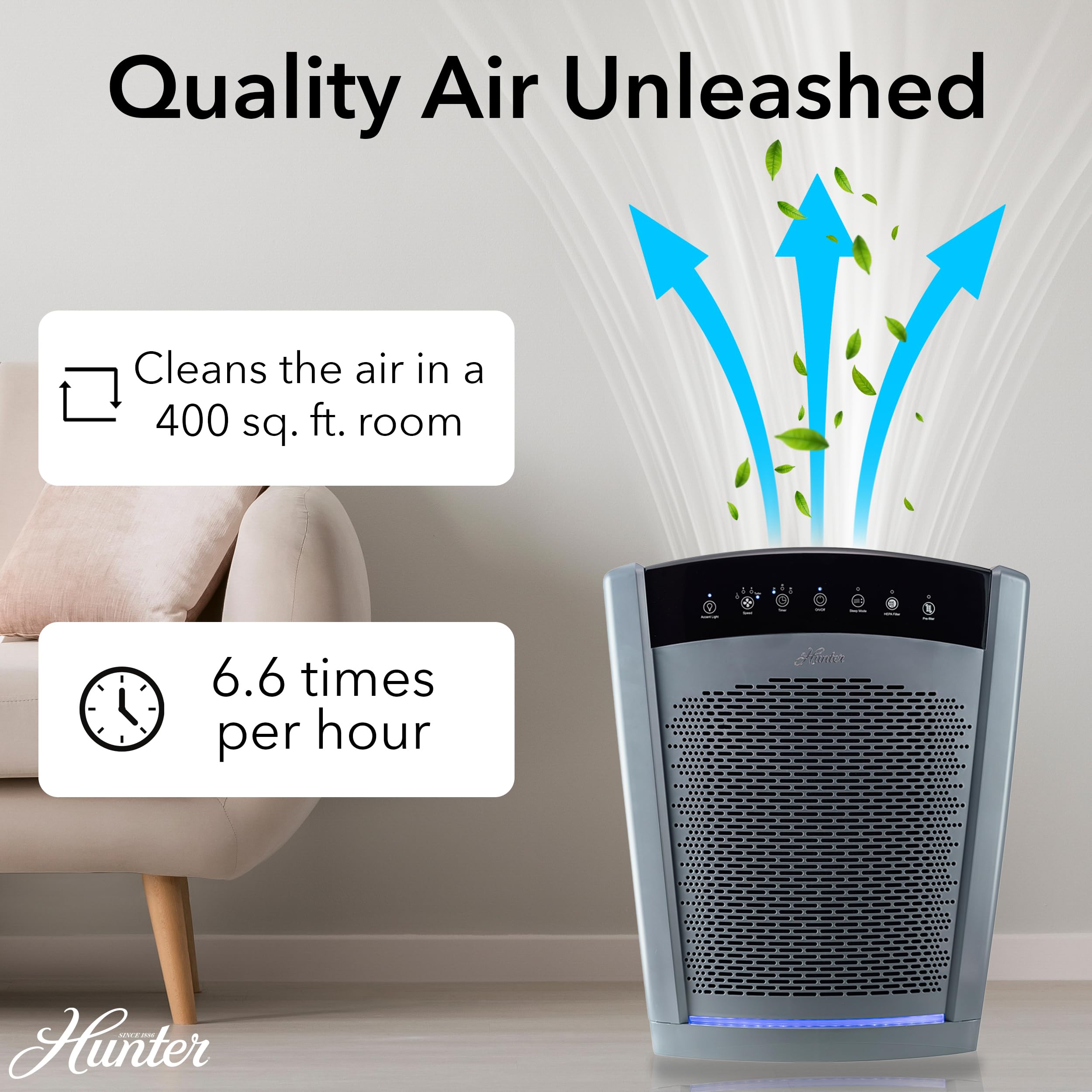 Hunter HP800 True HEPA Air Purifier for Large Rooms up to 2585 Sq Ft - Filters Pet Dander, Smoke, Dust, Allergens & VOCs - 4 Speed Settings with Quiet Sleep Mode - Perfect for Bedrooms, Living Rooms & Offices