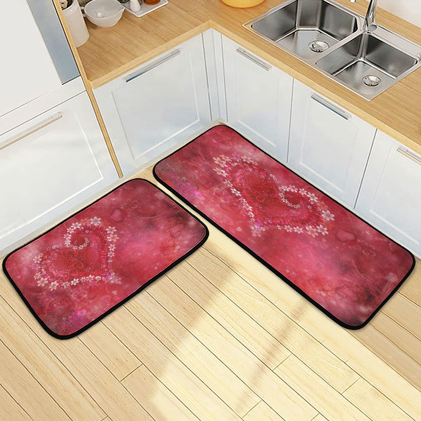 Valentine's Day Kitchen Mats - Romantic Red Heart Floral Non-Slip Kitchen Rugs & Laundry Runner - Soft Washable Floor Mats for Entryway, Bathroom, Laundry Room - Set of 2 Home Decor Doormats