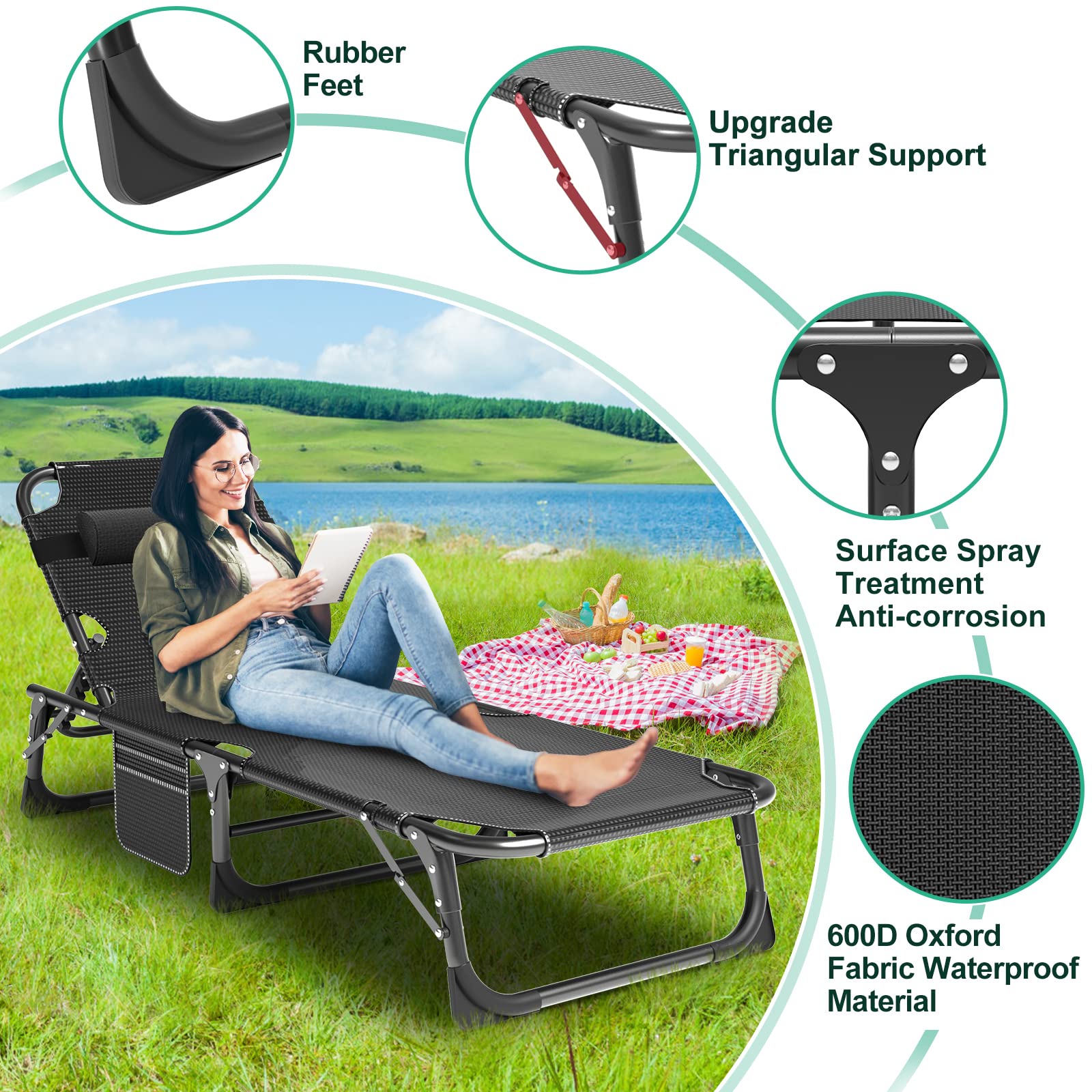 LILYPELLE 5-Position Adjustable Folding Lounge Chair with Mattress - Portable Outdoor Chaise Lounge for Sunbathing, Camping, Beach, Pool & Patio - Perfect for Relaxing, Travel & Backyard Lounging
