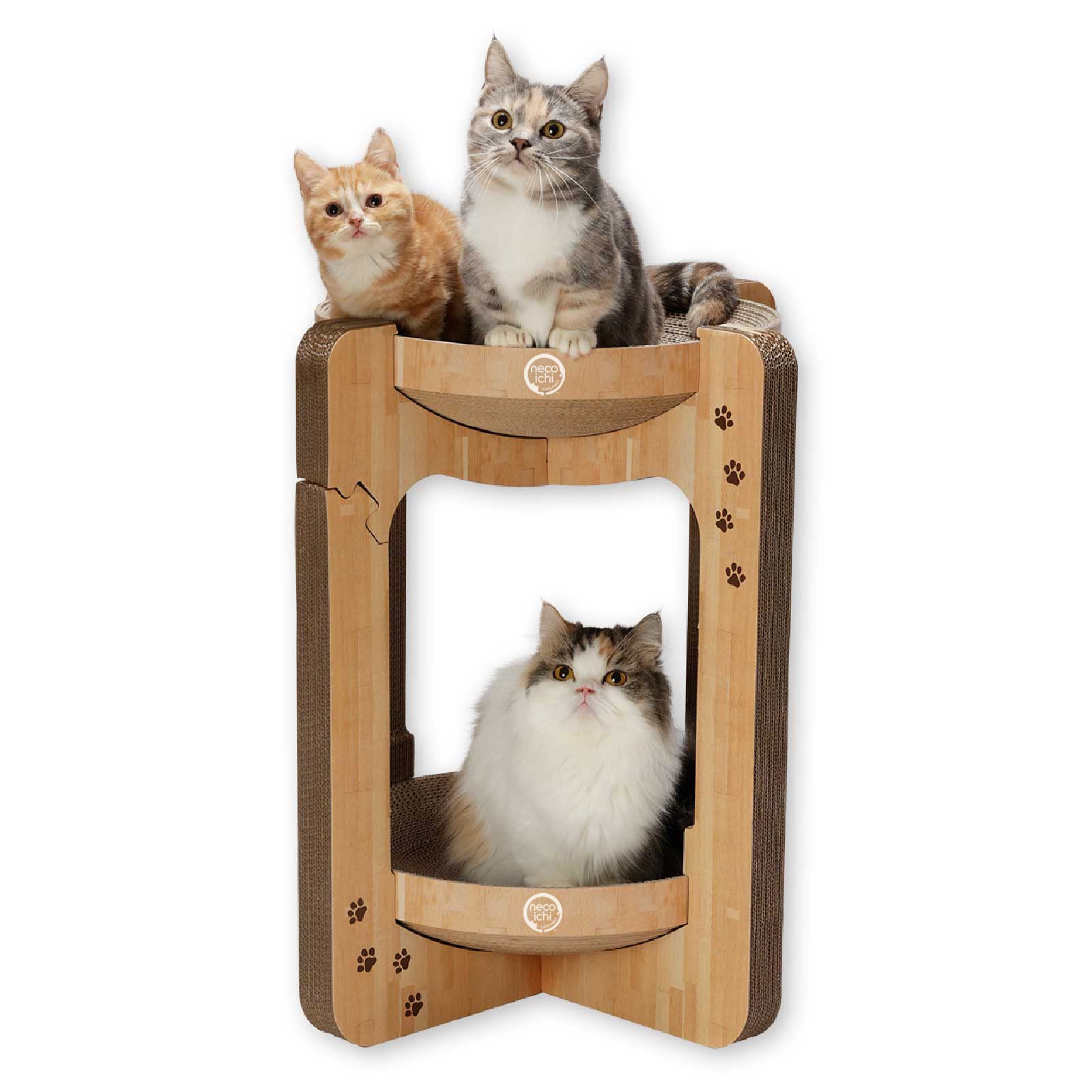 Premium Necoichi Cat Scratcher Tower for Indoor Cats - XL Oak Wood Scratching Post with Reversible Lounge Bed & Comfortable Cardboard Couch - Perfect for Playtime, Napping & Protecting Furniture