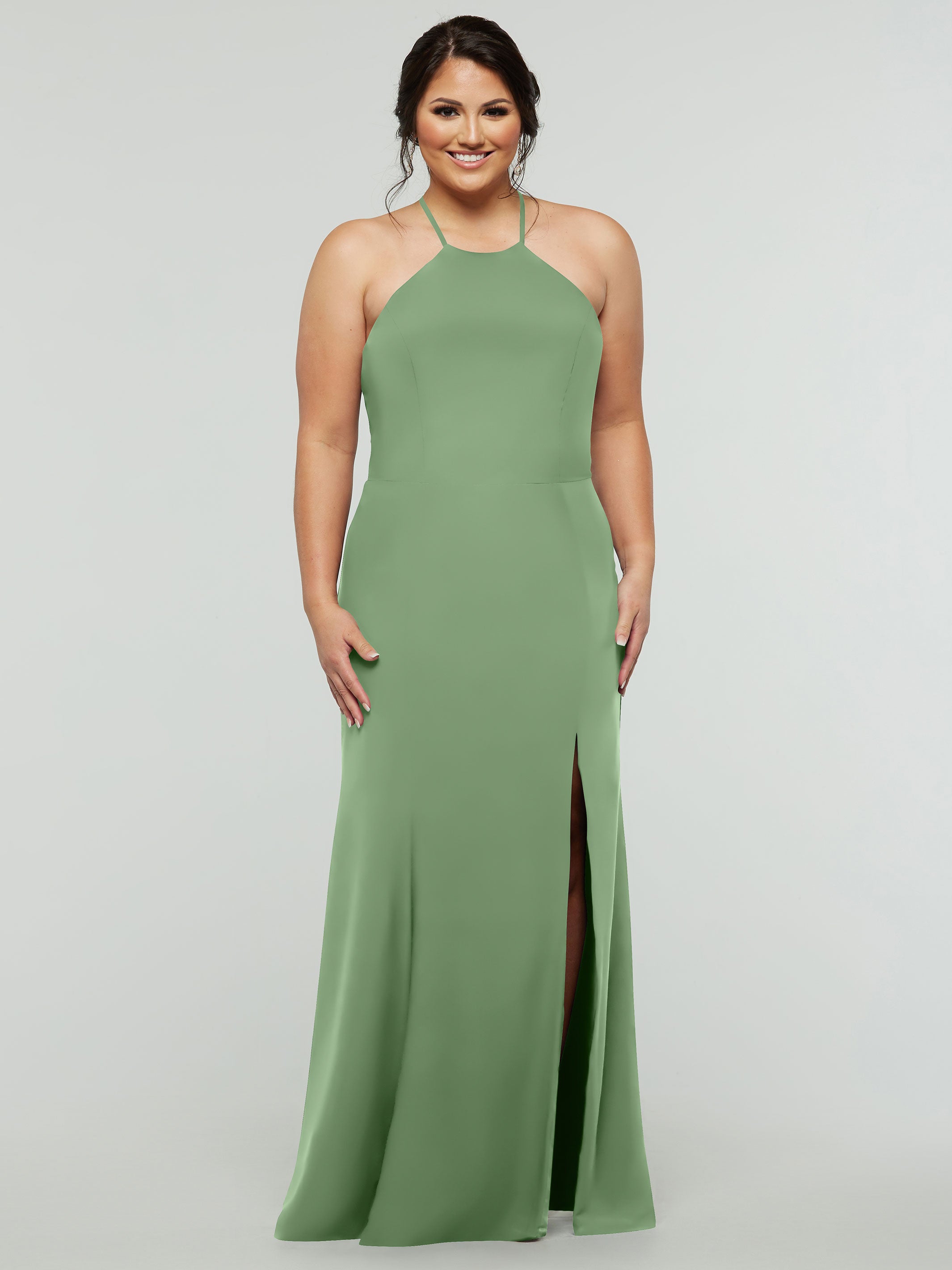 Elegant 83031 Fit and Flare Stretch Chiffon Bridesmaid Dress with Halter Neck & High Slit - Perfect for Weddings, Parties, and Formal Events