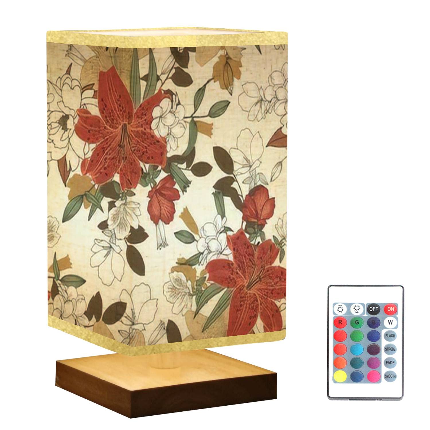 Square Dimmable Nightstand Lamp with Lilies & Rhododendron Leaves Design - Wooden Base & Flaxen Fabric Shade for Bedroom & Living Room | Perfect for Reading, Relaxing & Creating Cozy Ambiance