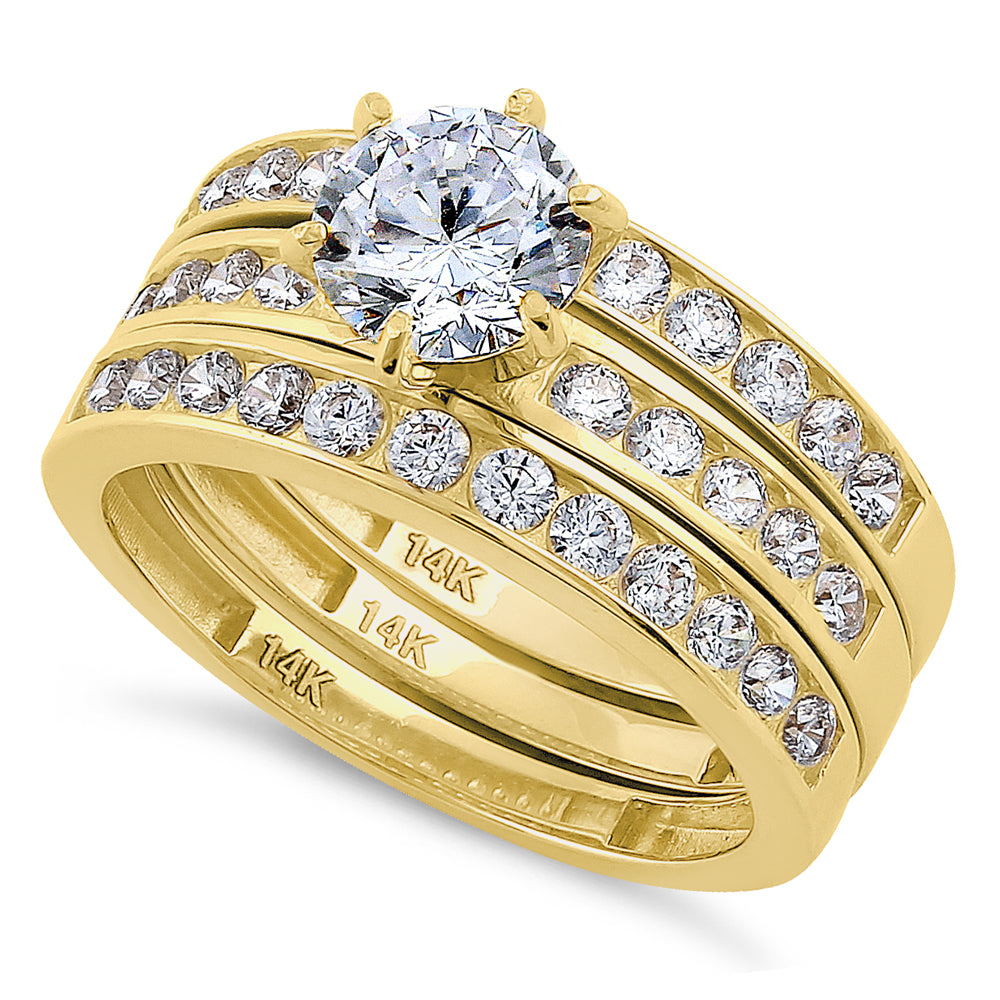 14K Solid Yellow Gold Round Cut Triple CZ Engagement Ring Set - Perfect for Proposals, Anniversaries & Bridal Jewelry Gifts