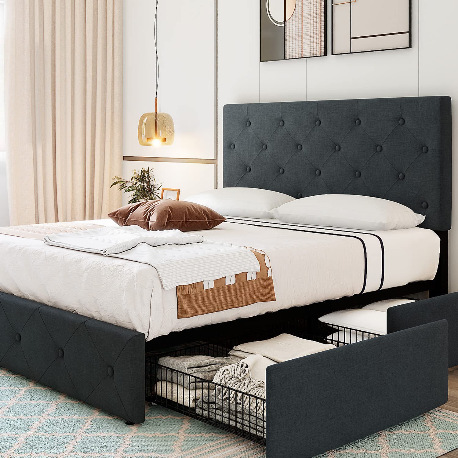 Allewie Storage Bed Frame with Headboard - Dark Grey for Small Spaces