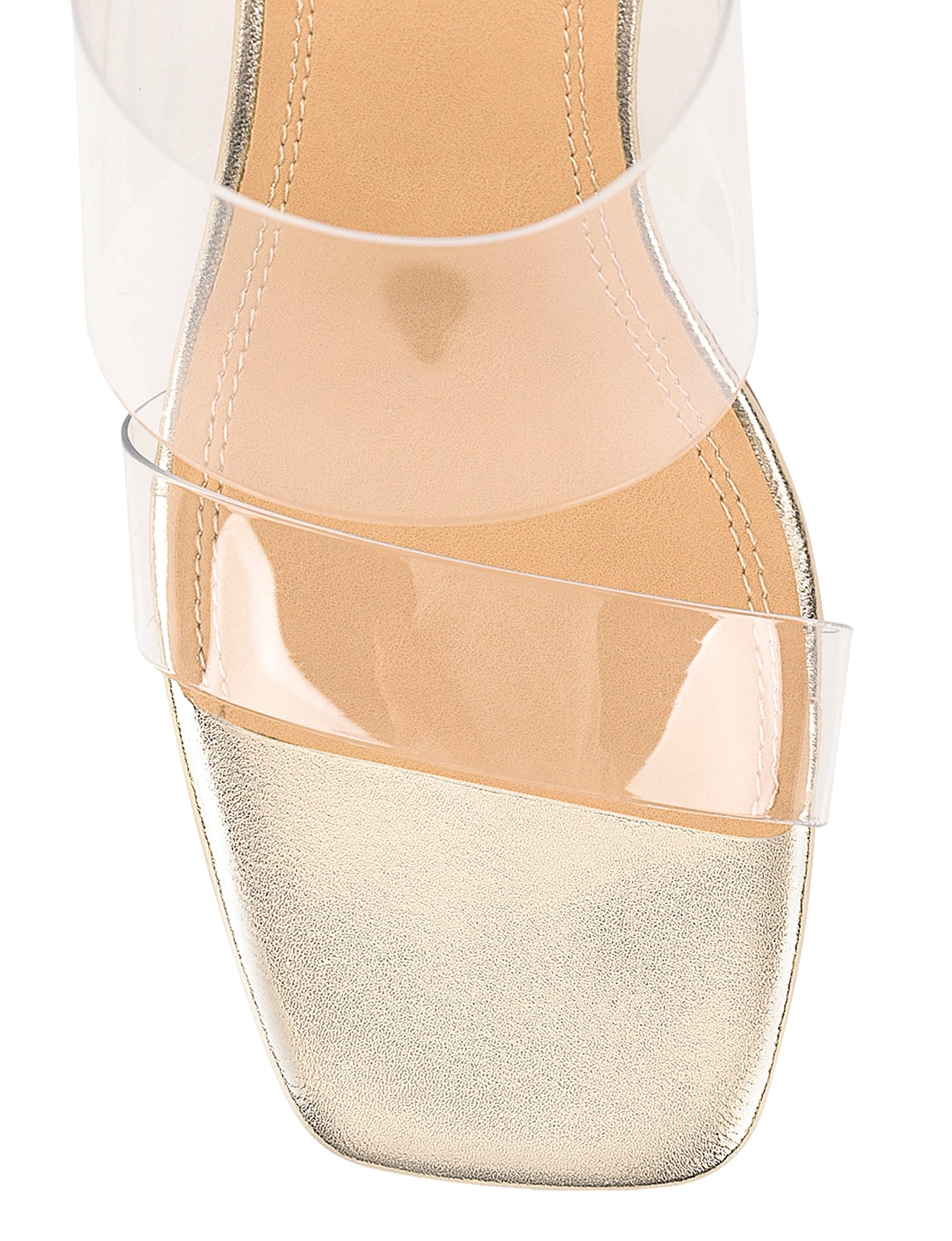 Stylish Strife Block Heel Mules in Gold Metallic Leather & Vinylite - Perfect for Office, Parties & Evening Events