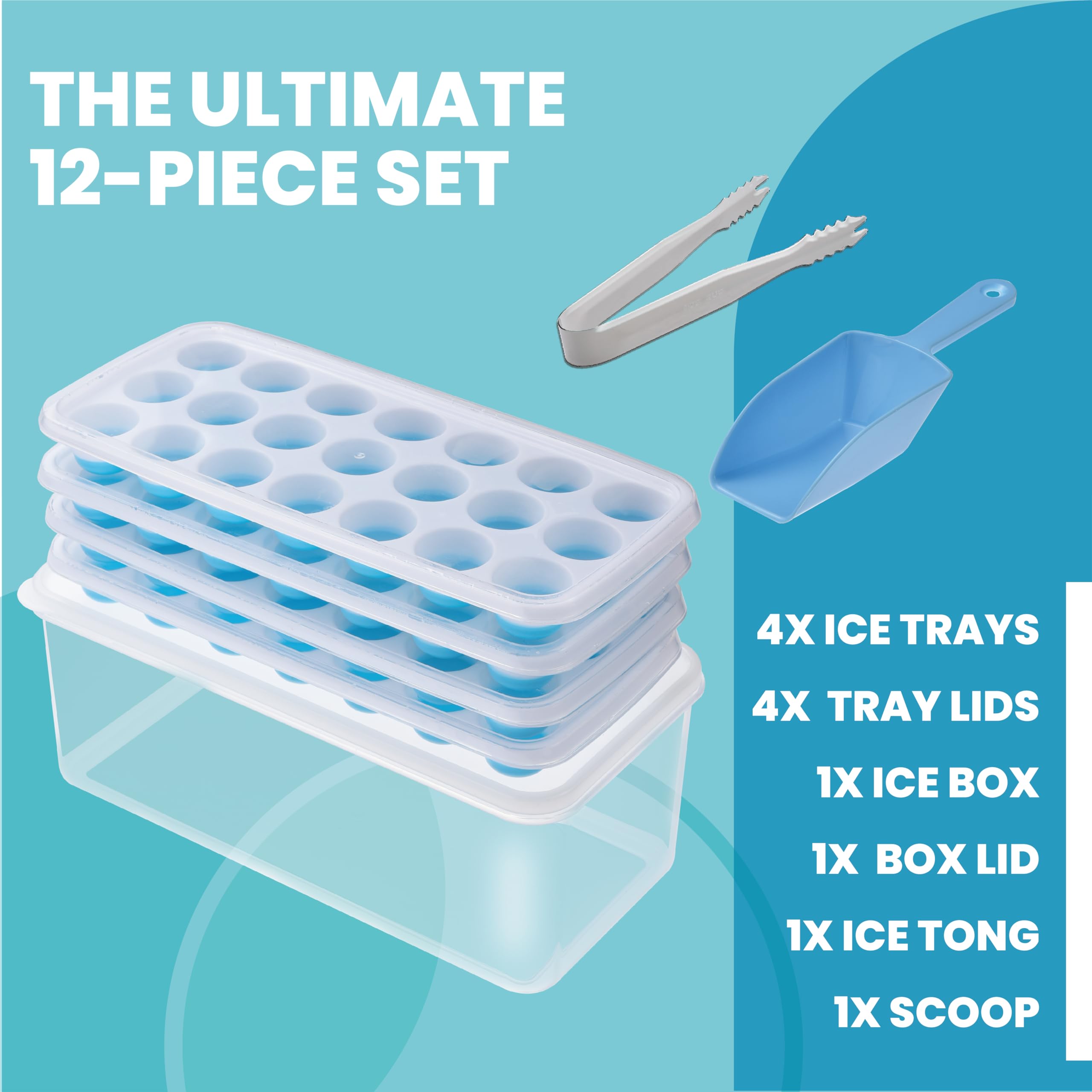 Yoove 4-Pack Silicone Ice Cube Trays with Lids & Storage Bin | BPA-Free Stackable Ice Cube Makers for Freezer | Easy Release Silicone Bottom | Includes Ice Bucket, Scoop & Tongs | Perfect for Cocktails, Iced Coffee & Party Drinks