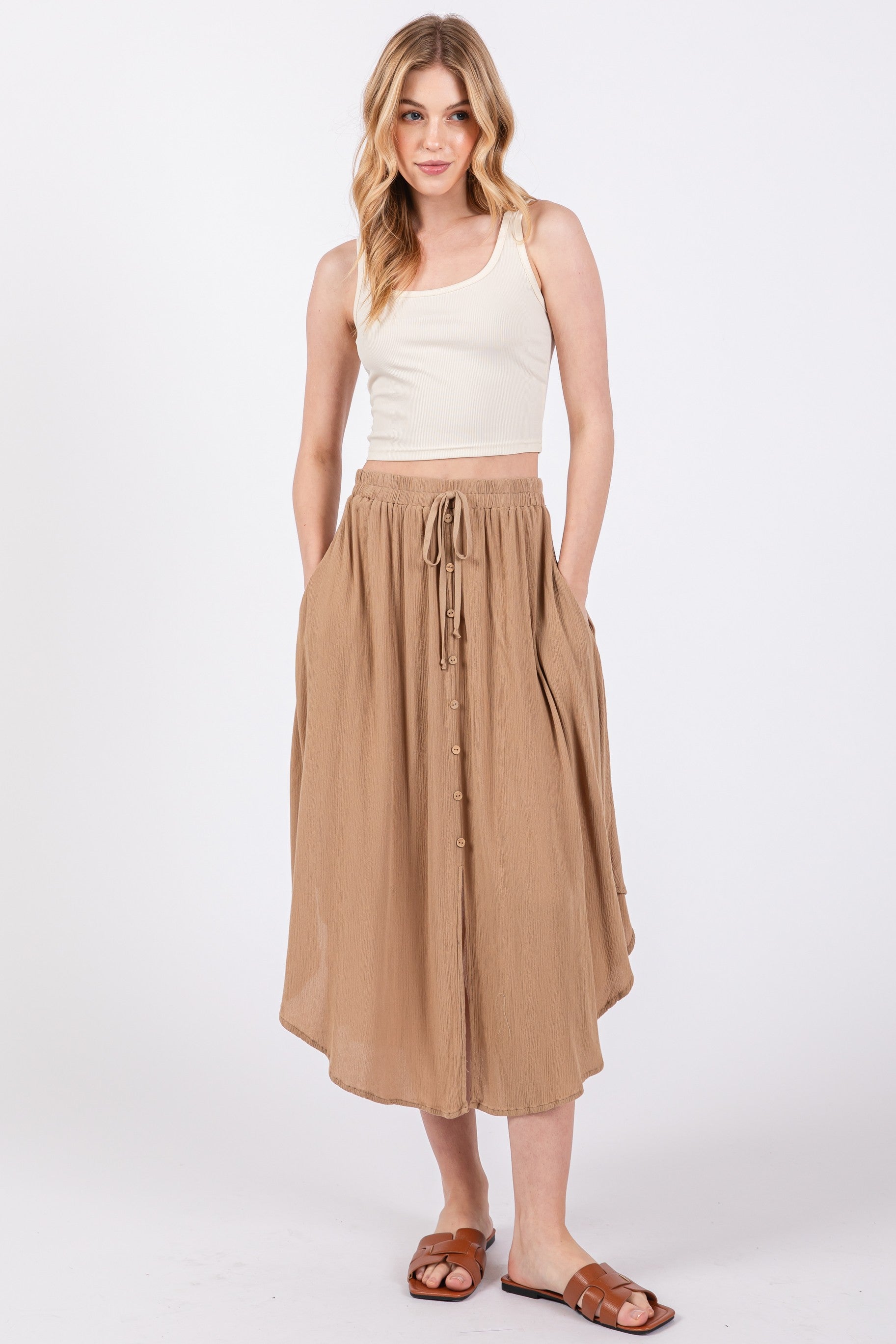 Beige Button Accent Round Hem Skirt for Women - Casual A-Line Midi Skirt with Front Buttons & Flowy Silhouette | Perfect for Office, Date Night & Spring Outfits