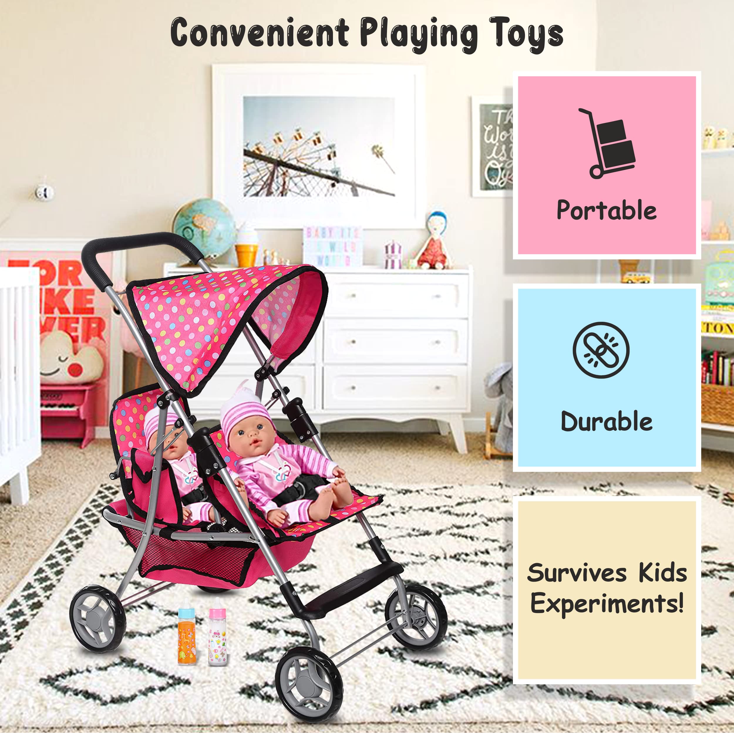 **Polka Dot Doll Stroller for Kids - Pretend Play Toy with Storage Basket for Doll Accessories - Perfect for Indoor & Outdoor Play, Birthday Gifts, and Role-Playing Fun**