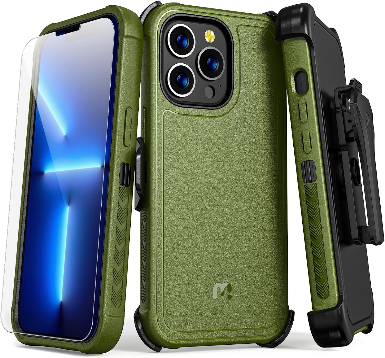 iPhone 14 Case with Belt Clip Holster & Tempered Glass Screen Protector | 6.1 Inch Heavy Duty Military Green | Perfect for Outdoor Activities & Daily Protection