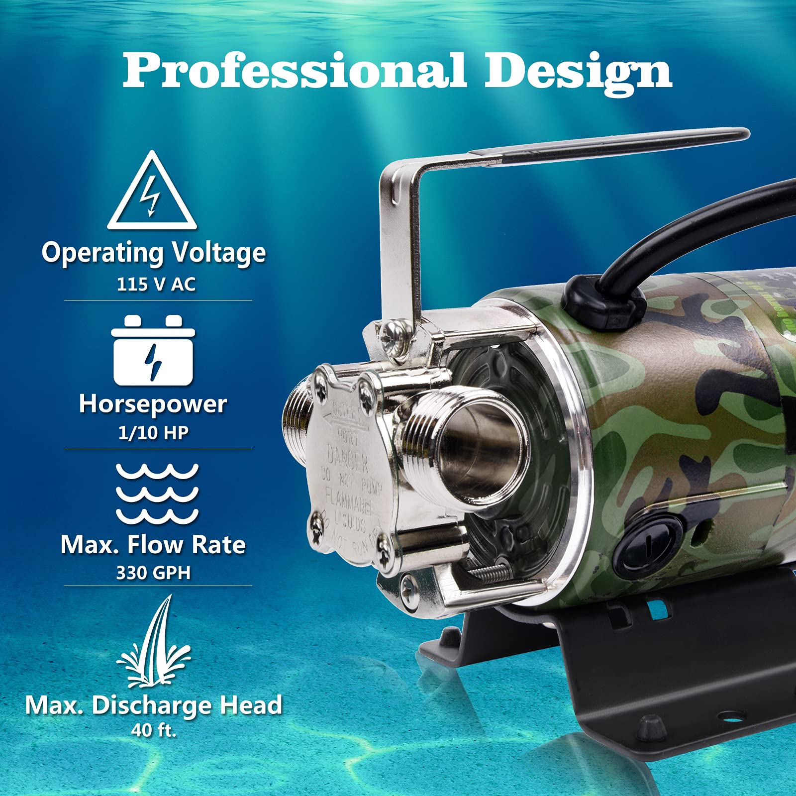 TIGEROAR 330 GPH Portable Utility Water Transfer Pump 115V with Switch, 0.1HP Lightweight Pool Pump - Includes 6 ft. Hose & 3/4 in. Ports for Draining Pools, Basements, Aquariums, and Flooded Areas