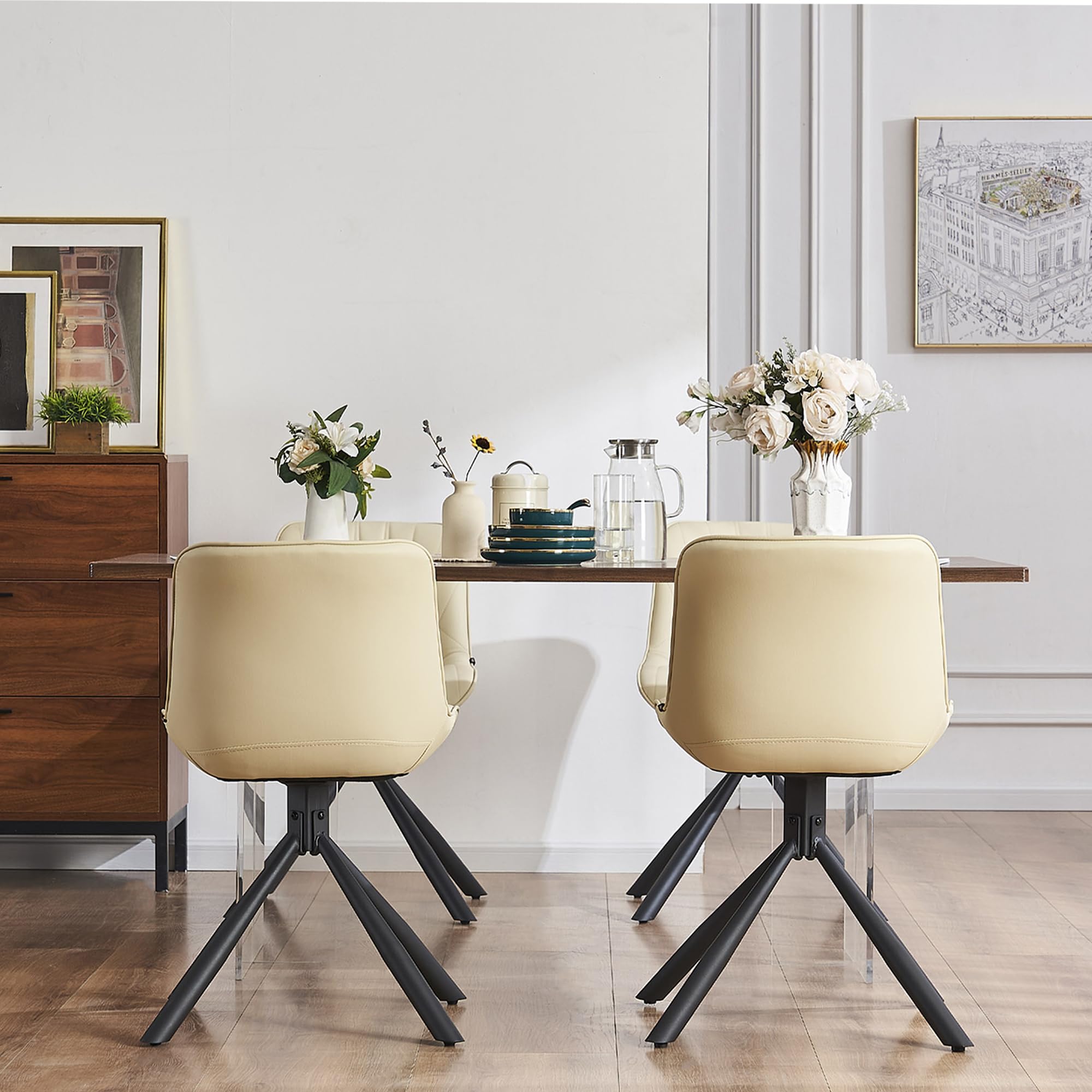 YOUNUOKE Mid Century Modern Dining Chairs Set of 2 - Upholstered Faux Leather Kitchen Chairs with Sturdy Metal Legs, Beige - Perfect for Dining Room, Kitchen, Restaurant & Home Decor
