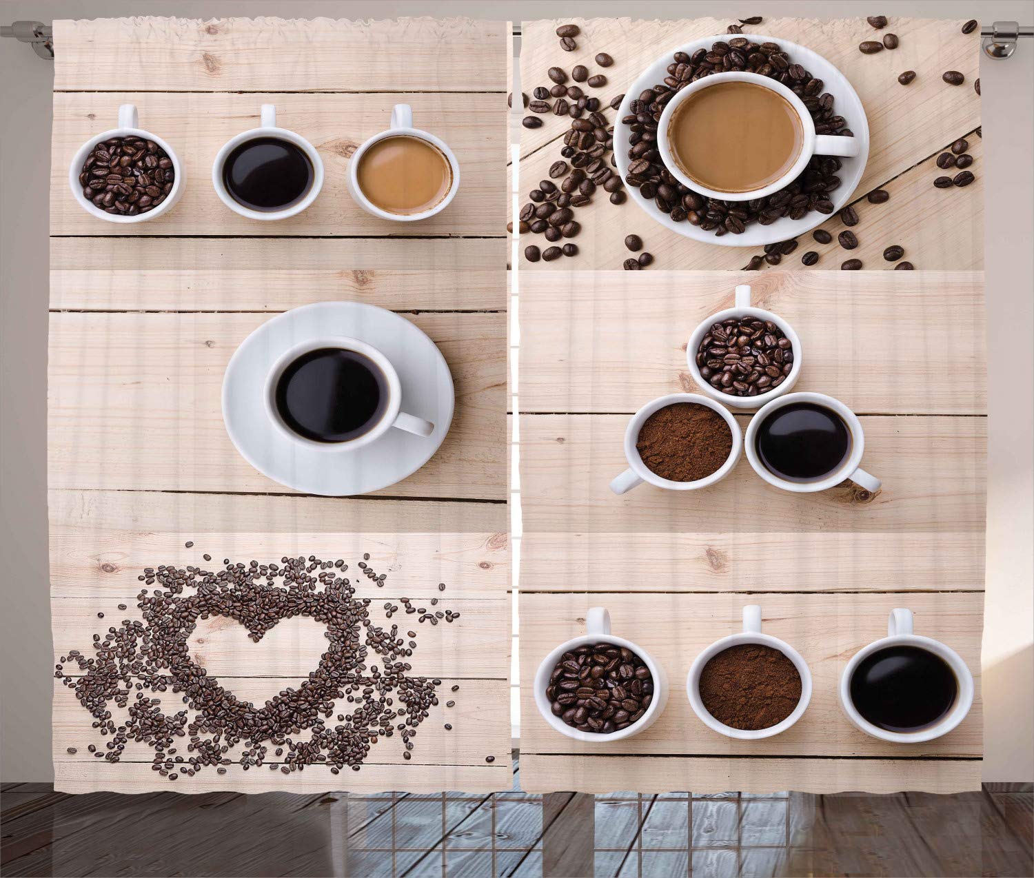 Ambesonne Coffee Themed Window Curtains - 2 Panel Set with Coffee Lover Design Featuring Mugs, Beans & Wooden Table (108