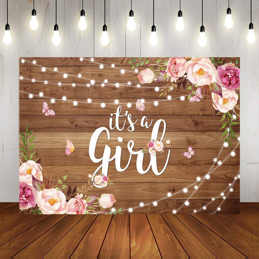 Avezano Rustic Floral Baby Shower Backdrop - 8x6ft Wooden Flower & Butterfly Design with Glitter Lights for It's a Girl Party Decor, Photo Booth Props - Perfect for Baby Showers, Gender Reveals, and Nursery Decorations