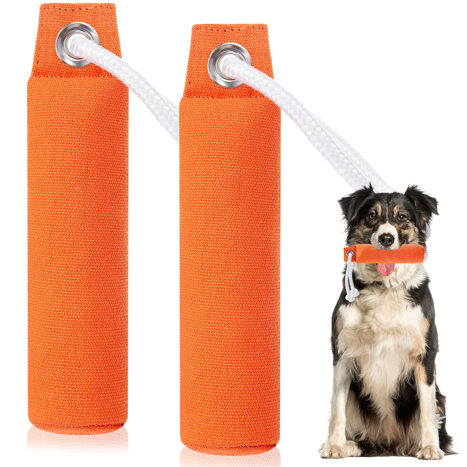 2 Pack Canvas Dog Training Bumpers - Durable Hunting Dog Training Dummy for Retrieval Practice (7.1 x 1.6 Inches, Orange) - Perfect for Field Training, Backyard Fetch & Obedience Exercises