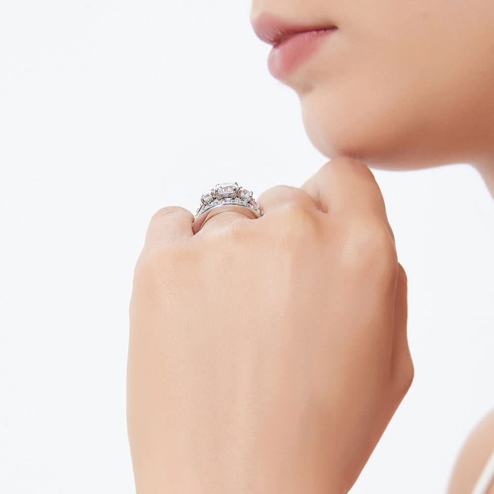 BERRICLE Sterling Silver 3-Stone Wedding & Engagement Ring Set for Women - 1.25 Carat Round Cut Cubic Zirconia CZ, Rhodium Plated, Size 4-10 | Perfect for Proposals, Anniversaries & Bridal Jewelry Gifts