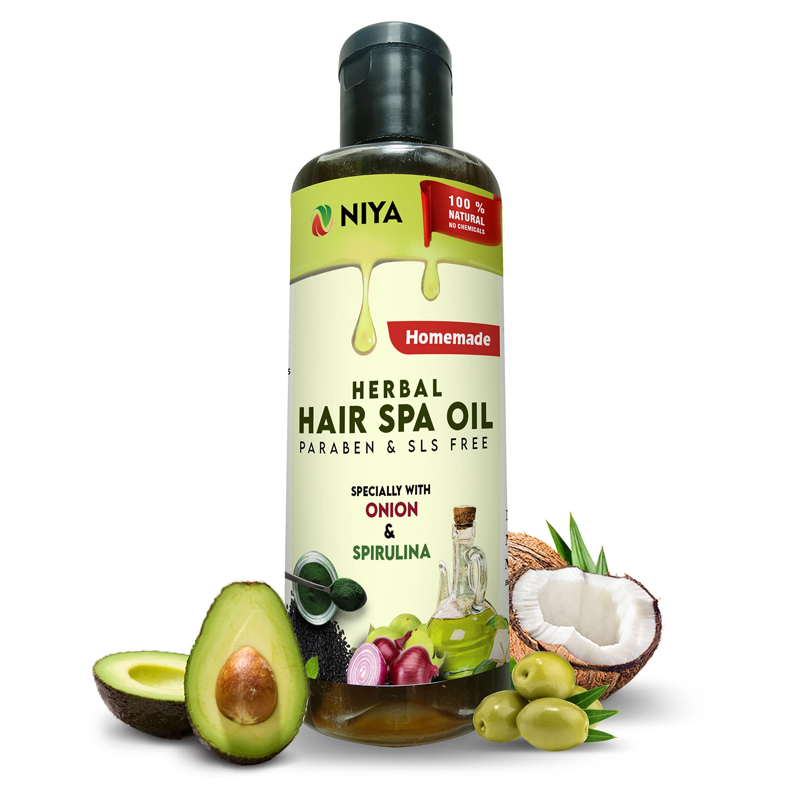 Niya Natural's Herbal Hair Spa Oil with Onion & Spirulina - Hair Growth Treatment with Avocado & Olive Oil | Paraben Free, SLS Free, No Synthetic Fragrance | 100ml | For Damaged Hair Repair & Scalp Nourishment | Perfect for Daily Hair Care Routine & Spa Treatments