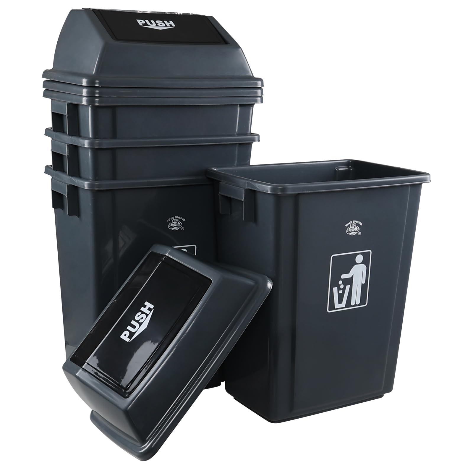 4-Pack 18 Gallon Large Commercial Trash Cans with Lids - Heavy-Duty Plastic Kitchen Waste Bins & Outdoor Garbage Cans (30