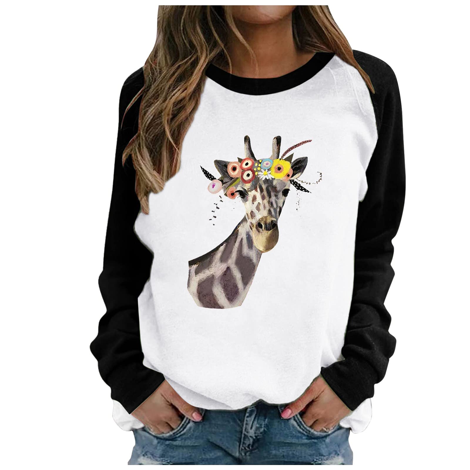 Women's O-Neck Long Sleeve Casual T-Shirt with Giraffe & Floral Print - Multicolor Fashion Top for Everyday Wear, Outings & Office Outfits