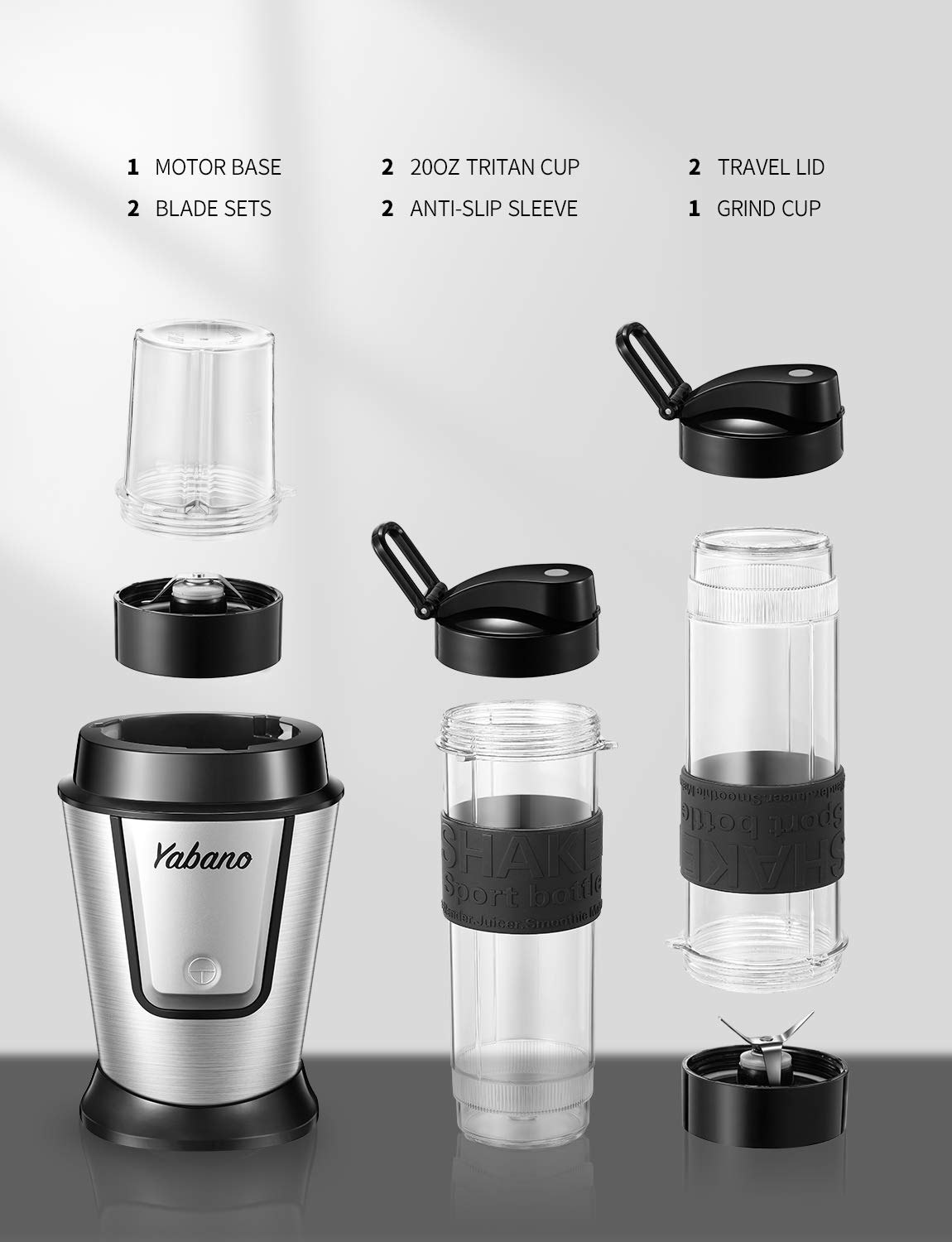**Yabano 500W 2-in-1 Personal Blender & Grinder - 2x600ml BPA-Free Portable Bottles for Smoothies, Ice, Fruits & Vegetables - Compact for Home, Office & Travel (Silver)**    **Usage Scenarios:** Perfect for making healthy smoothies, crushing ice, blending fruits & veggies at home, work, gym, or on-the-go.
