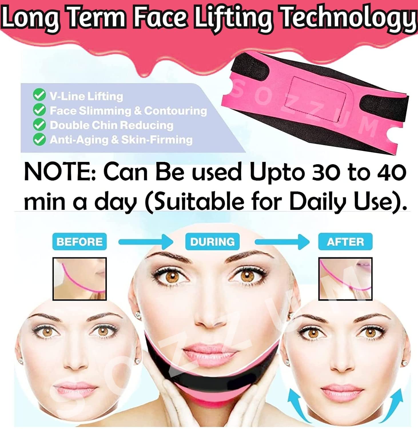 Sozzumi Face Slimming Mask - Double Chin Reducer & V Shape Lifting Belt for Women - Jawline Contouring & Chin Lift - Skin Tightening & Firming (Pink) | Perfect for Home Spa, Self-Care & Instant Facial Sculpting