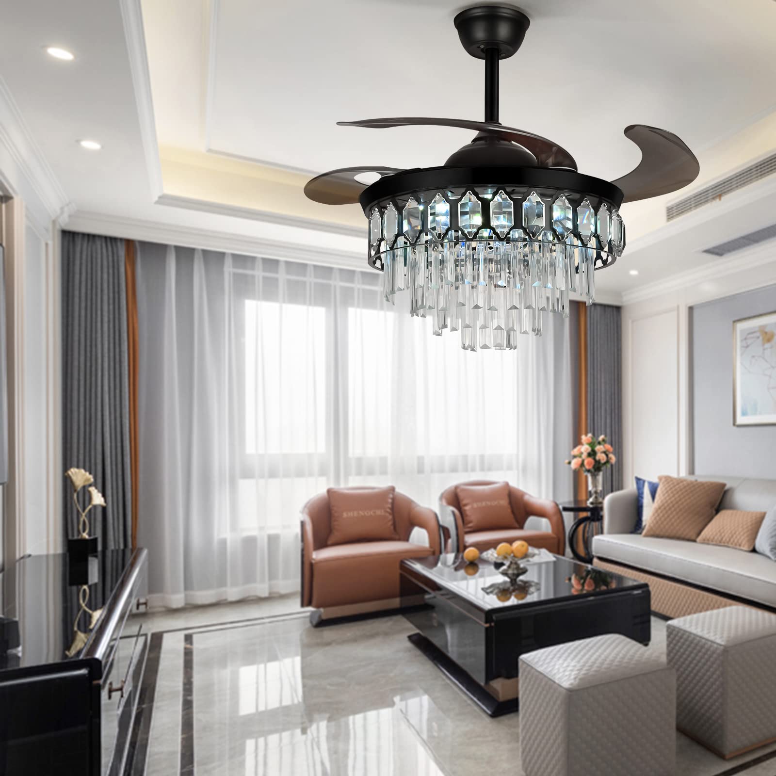42 Inch Retractable Ceiling Fan with Remote Control - 3 Color LED Lights, 3 Speed Settings, Ultra Quiet Invisible Blades - Crystal Chandelier Design for Bedroom, Dining Room & Living Room Lighting